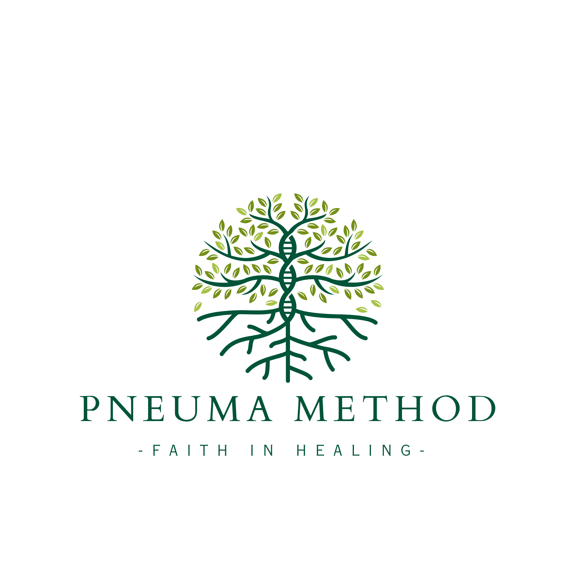 Logo for Pneuma Method with a stylized tree and leaves, featuring the tagline 'Faith in Healing'.