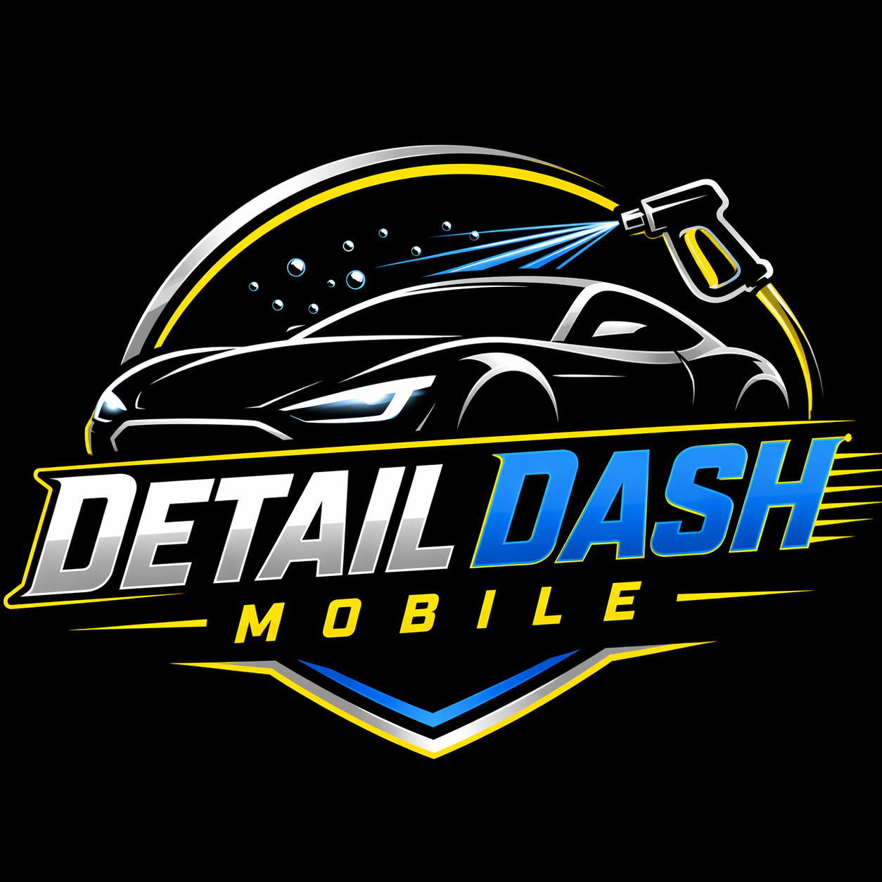 Logo for Detail Dash Mobile featuring a black sports car being sprayed with water from a spray nozzle, with blue and yellow accents and the text 'Detail Dash Mobile' in stylized font.