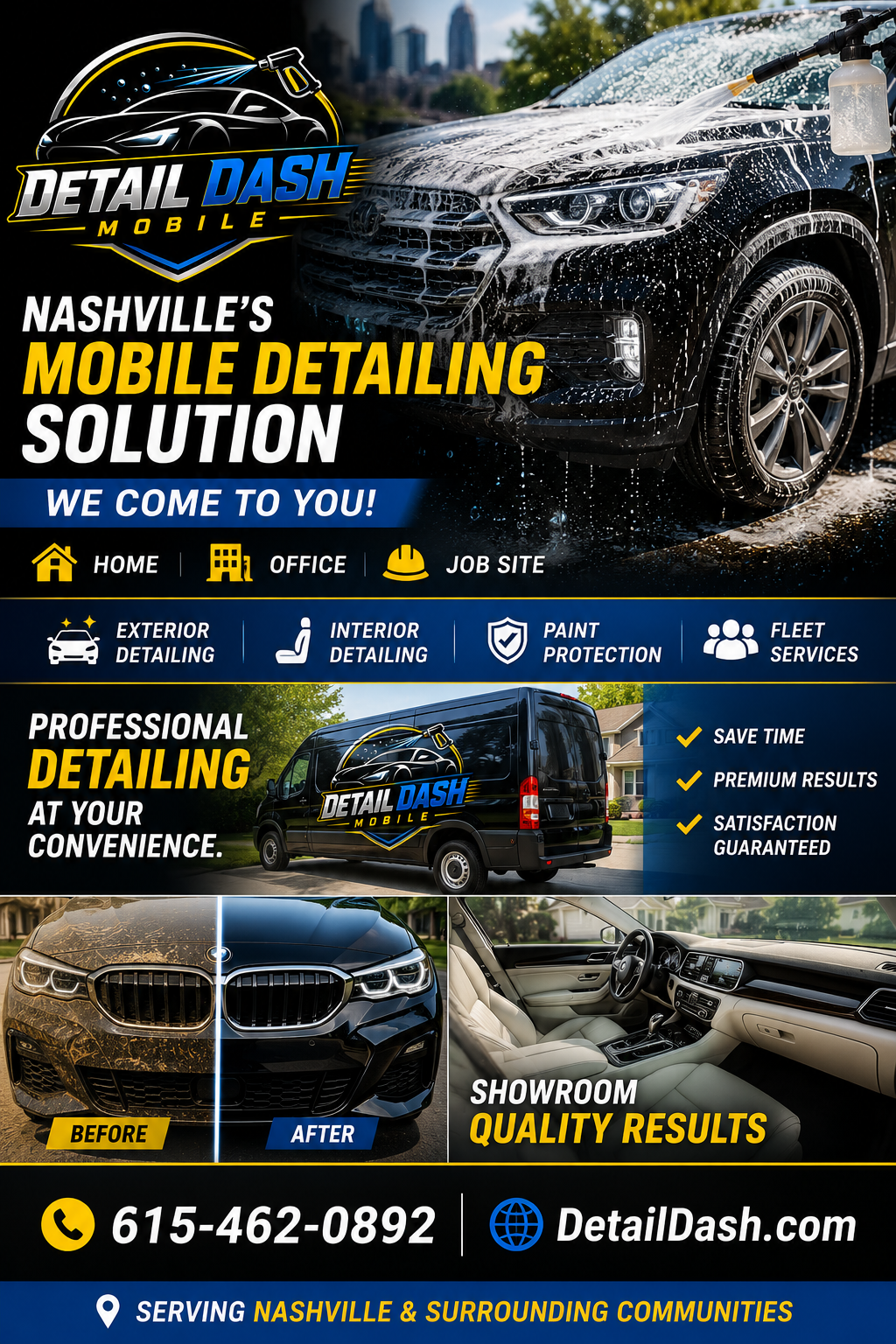 Advertisement for mobile auto detailing service in Nashville, showing a washing car, a van with the company's logo, before and after images of car cleaning, and interior detailing.