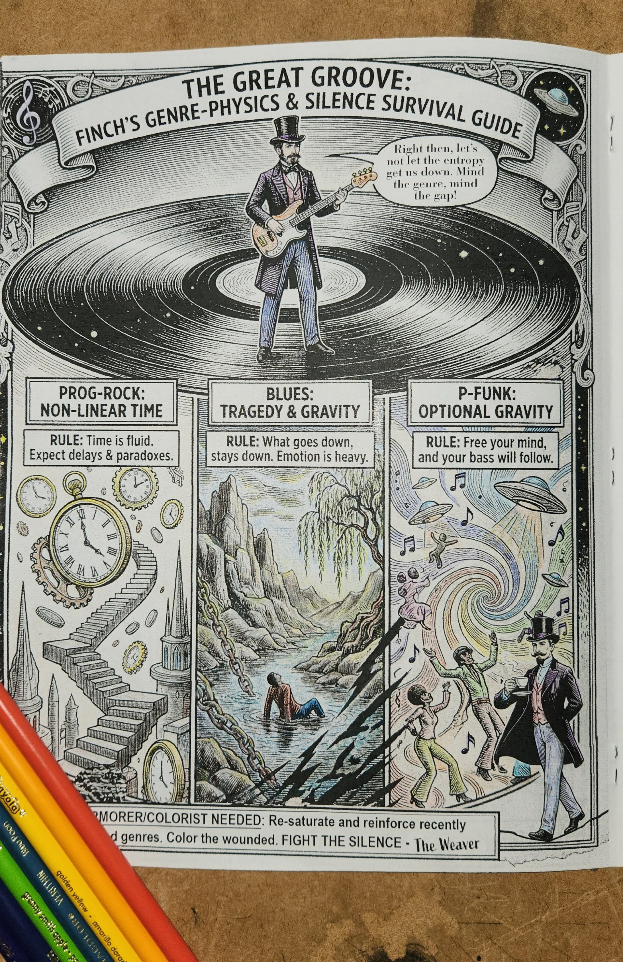 A black and white illustrated collage featuring a man in 19th-century attire playing a guitar in a cosmic scene, surrounded by clock gears, a staircase, mountains, trees, people swimming, and dancers. The title reads 'The Great Groove: Finch's Genre-Physics & Silence Survival Guide'. Additional text describes music genres and rules for music theory, with colored pencils in the foreground.