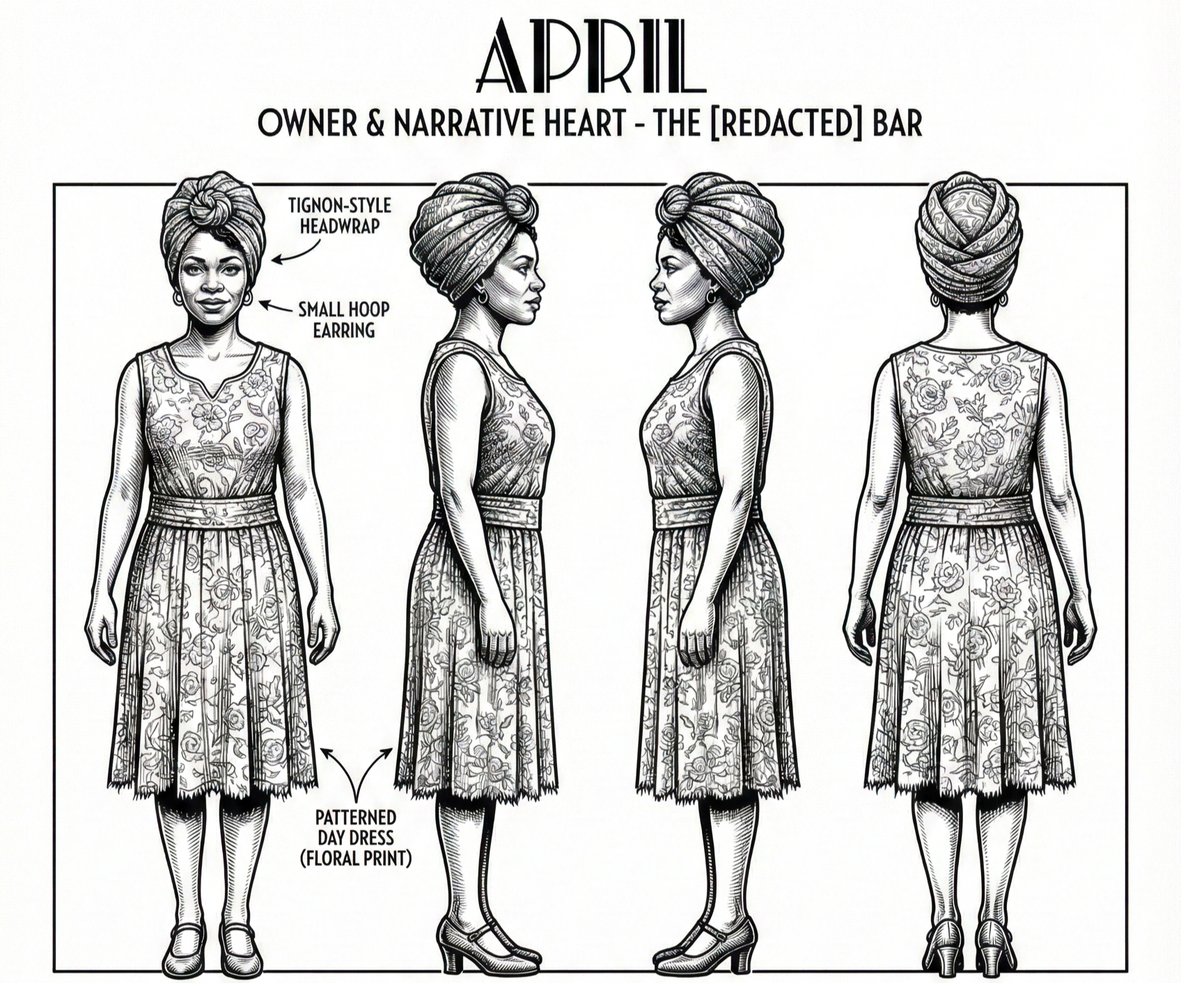 Sketch diagram of a woman with different hairstyle and facial expressions, showcasing hair styling and facial expressions for April. The top shows a front, left, right, and back view with detailed hair wrap, earrings, and floral dress. The bottom fea