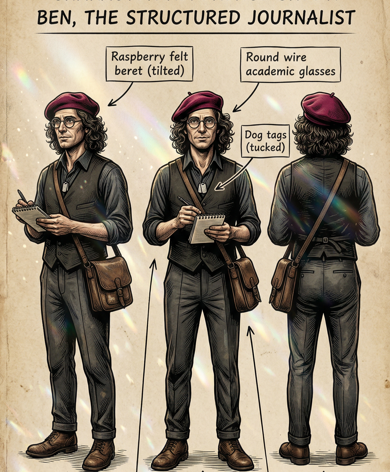 Illustration of a character named Ben, the structured journalist, showing his appearance from three angles with labels. He wears a tilted raspberry felt beret, round wire academic glasses, a leather satchel, a spiral notepad and pen. He has dog tags 