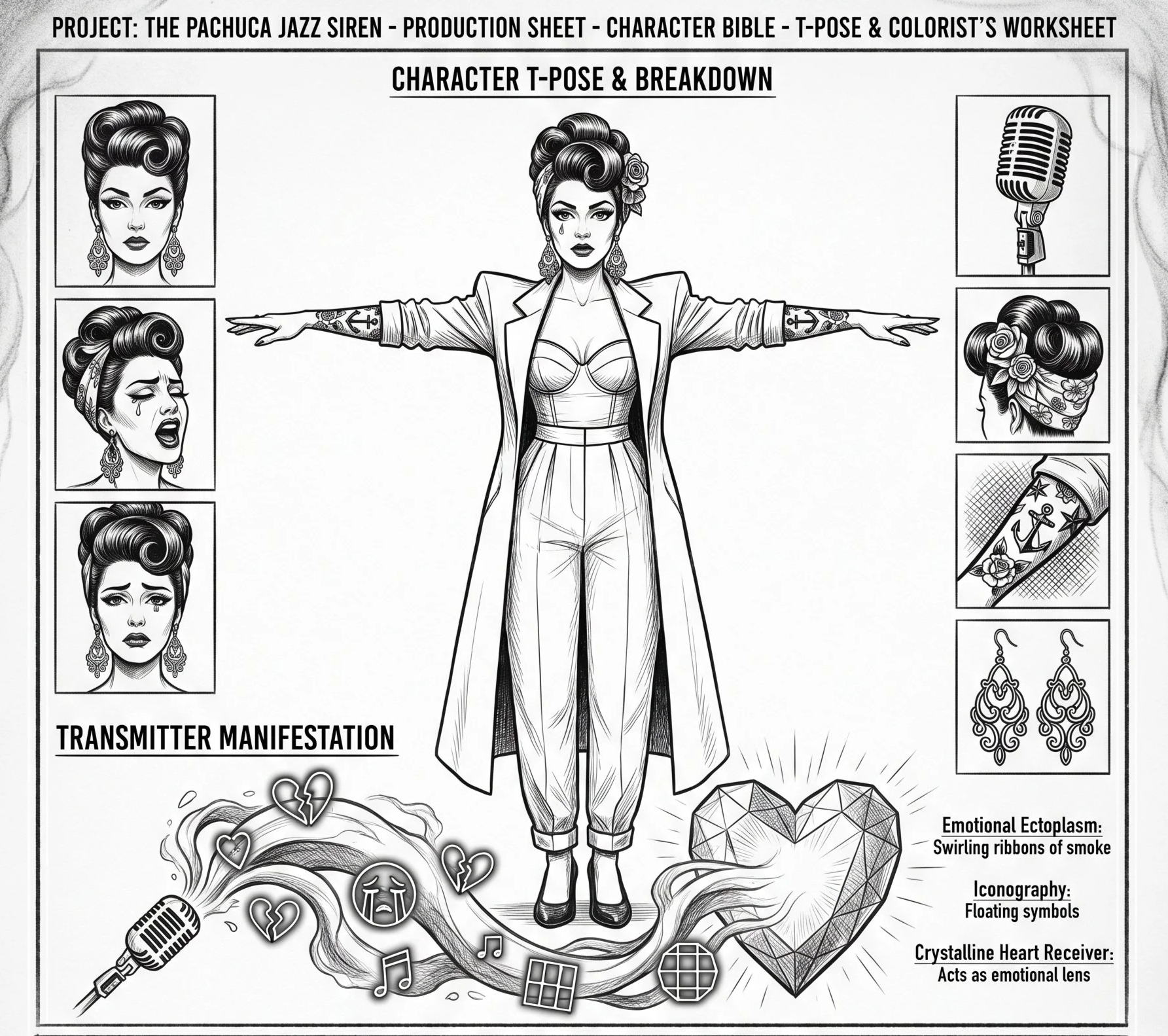 A black and white character sheet for a project titled "The Pachuca Jazz Siren," including a detailed illustration of a woman in vintage attire with styled hair, makeup, and tattoos, along with various expressions and accessories. Additionally, the s