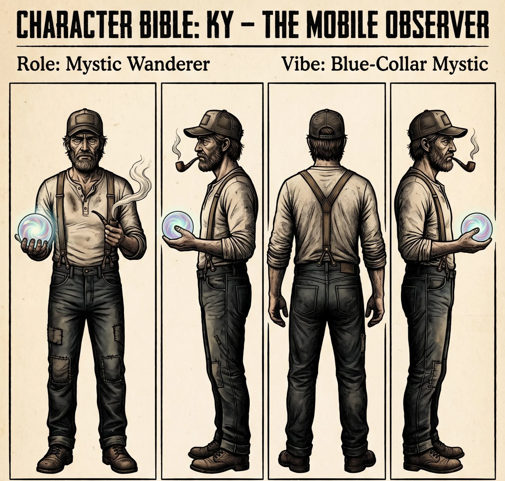 A diagram of a man in a hat and suspenders holding a glowing orb in his hand, shown from four angles: front, left profile, back, and right profile. The text reads 'Character Bible: KY - The Mobile Observer,' with additional traits 'Role: Mystic Wande