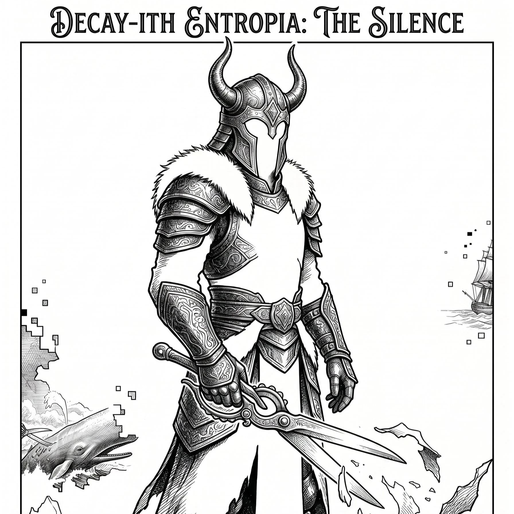 A black and white illustration of a warrior in ornate armor with a horned helmet, holding a large sword. The background shows a ship and a scroll with text, and the ground is cracked and shattered. The text at the top reads 'Decay-ith Entropia: The S