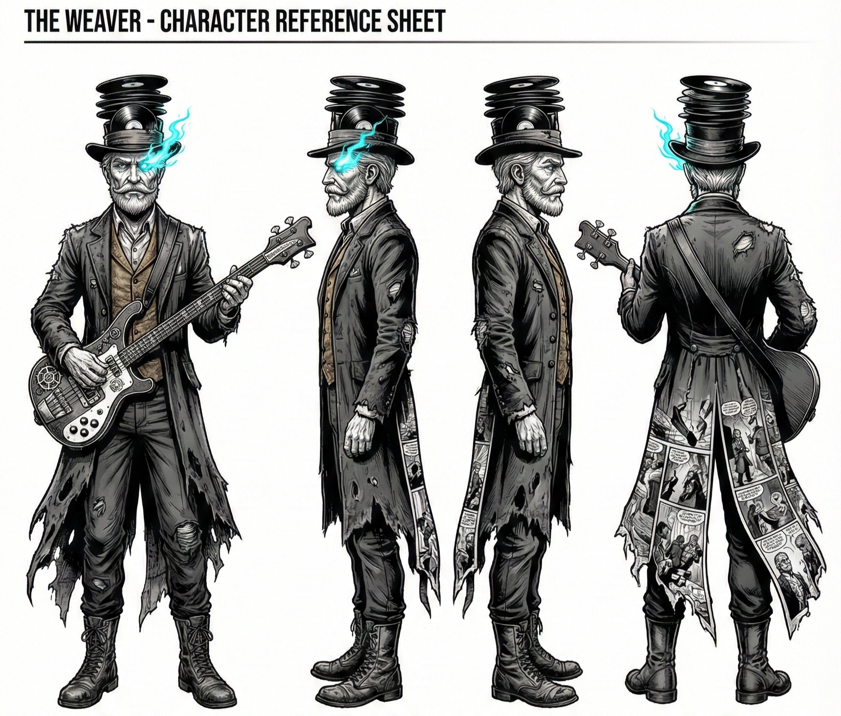 Character reference sheet of a man with a hat, beard, and mustache, smoking a blue flame, shown in front and profile views, wearing torn clothing, carrying a guitar, with comic strips on his coat.