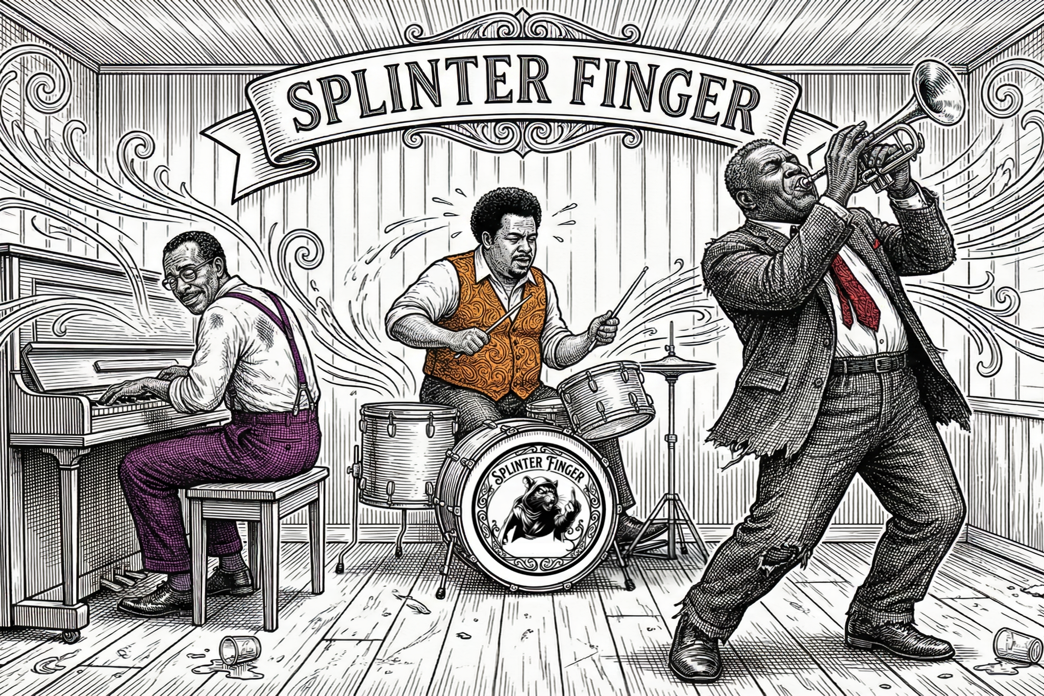 Black and white illustration of three musicians performing on stage with a banner labeled 'Splinter Finger.' The pianist, wearing purple pants and a white shirt, plays a grand piano. The drummer, in an orange vest, plays a drum set. The trumpeter, in