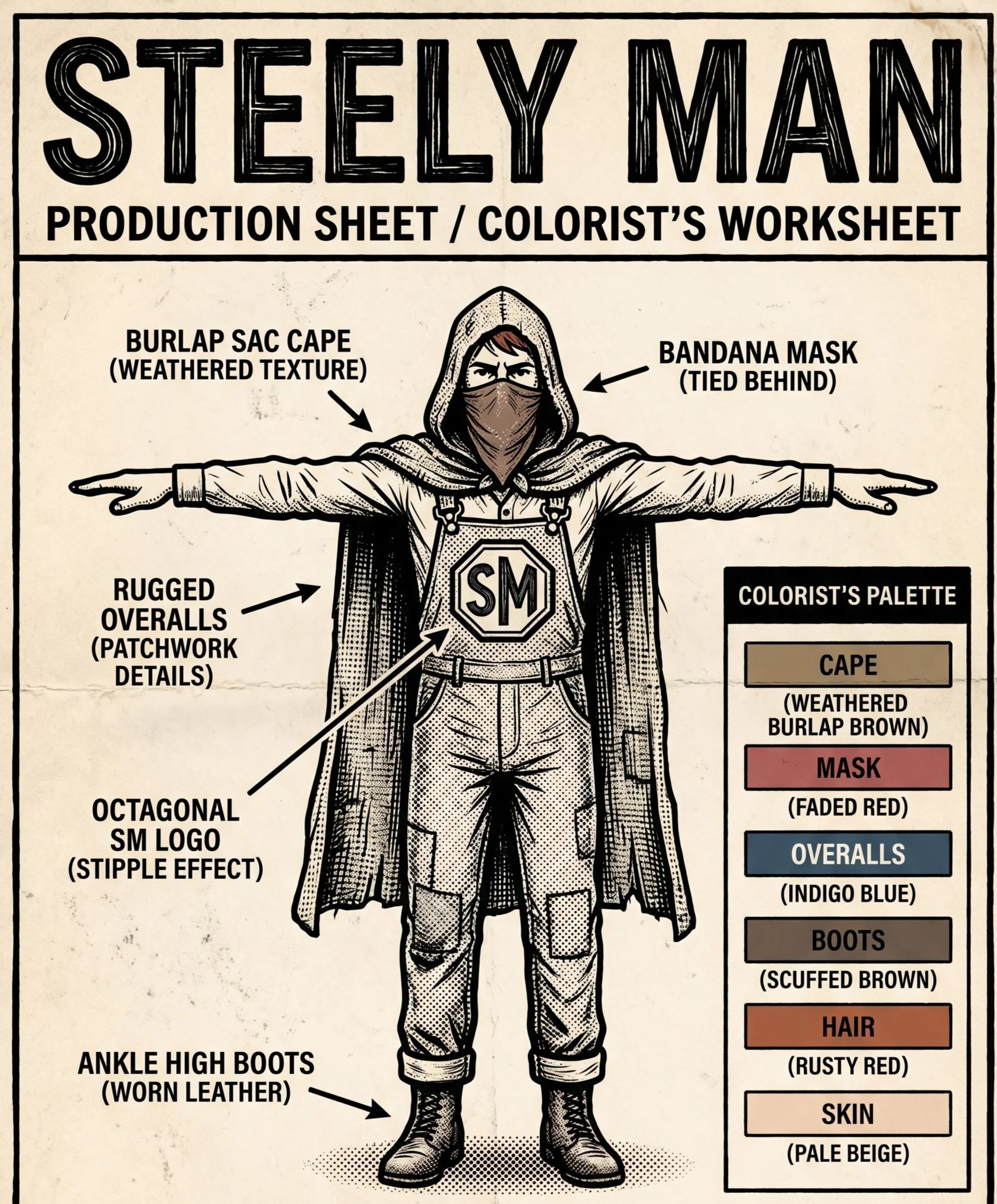 Illustration of a person in rugged overalls with patchwork details, wearing ankle high boots worn leather, and layered clothing including a hooded cape, bandana mask tied behind, and a stylized octagonal logo on their chest. The image is part of a st