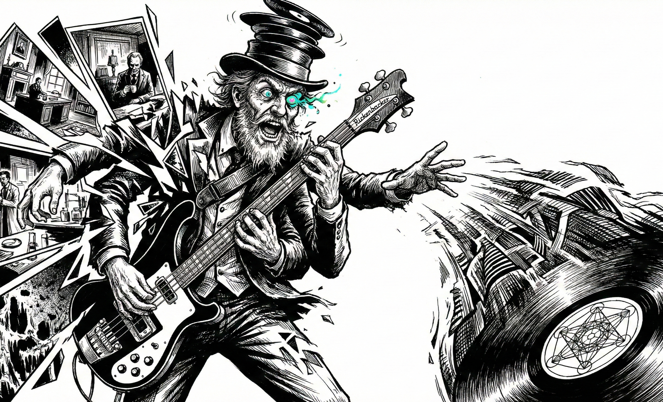 Black and white illustration of a man with a beard playing an electric guitar, wearing a tall hat and passionately singing or shouting. The background shows dynamic, abstract lines and images resembling a house, a man in a suit, and other details.