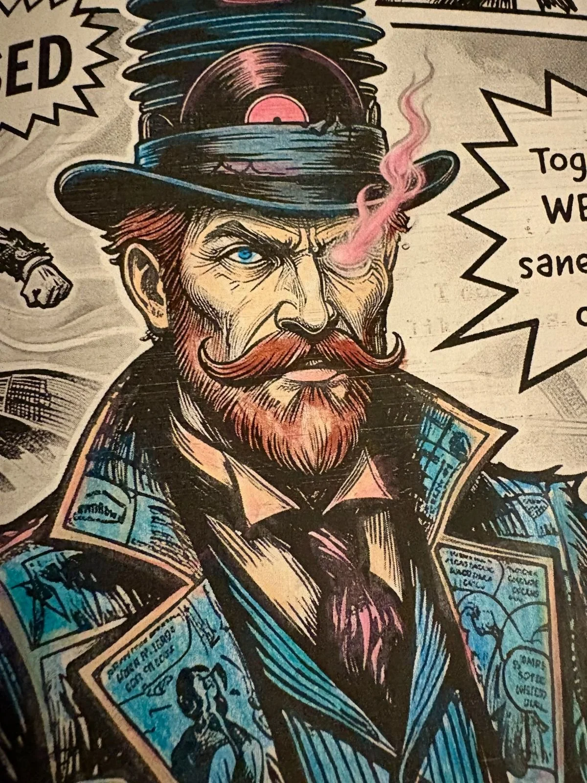 A comic-style illustration of a man with a reddish beard, mustache, and piercing blue eyes. He wears a monocle and a blue hat with a red band, with swirling pink smoke coming from it. The man is dressed in vintage clothing adorned with comic book panels.