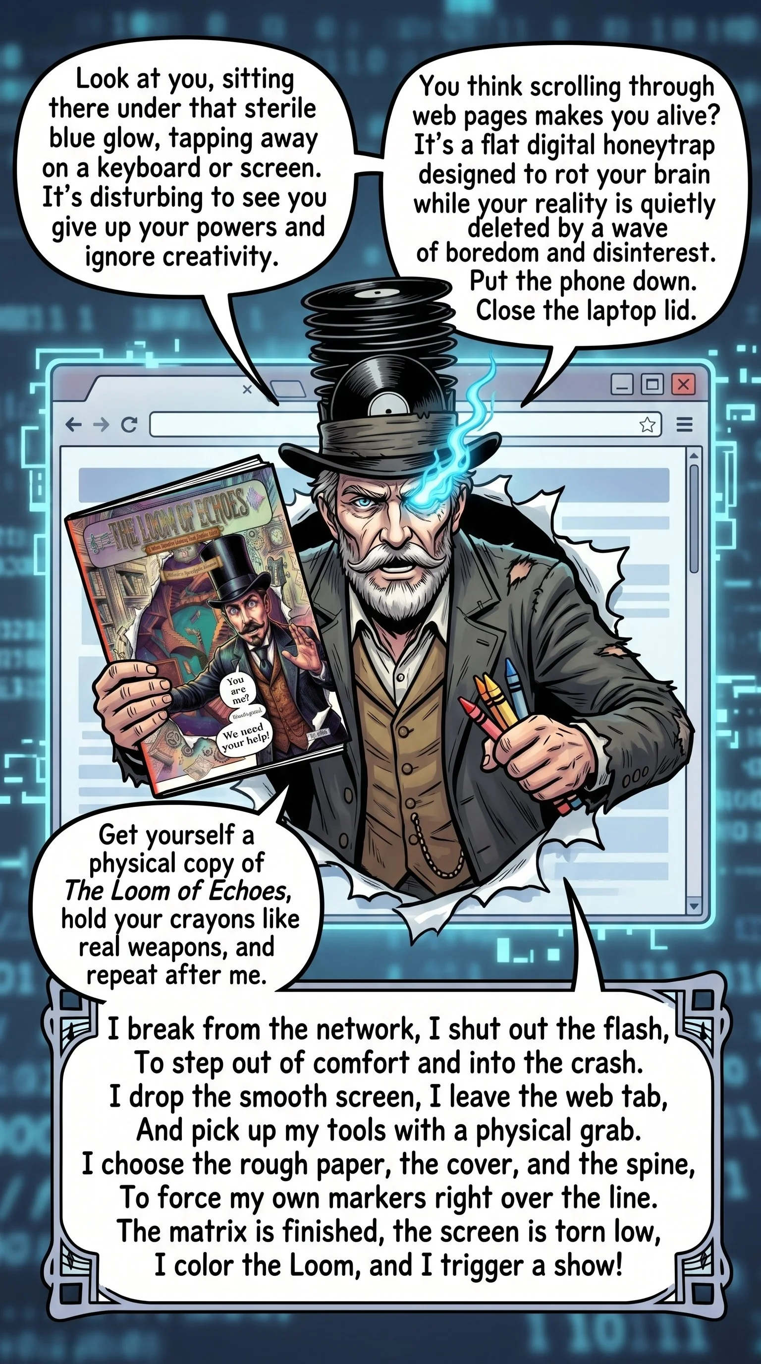 Animated illustration of a man in a hat with a glowing eye, holding a comic book titled "The Loom of Echoes," inside a digital environment. The man has speech bubbles with instructions on creative digital art techniques and a comic book cover with a similar character requesting help.