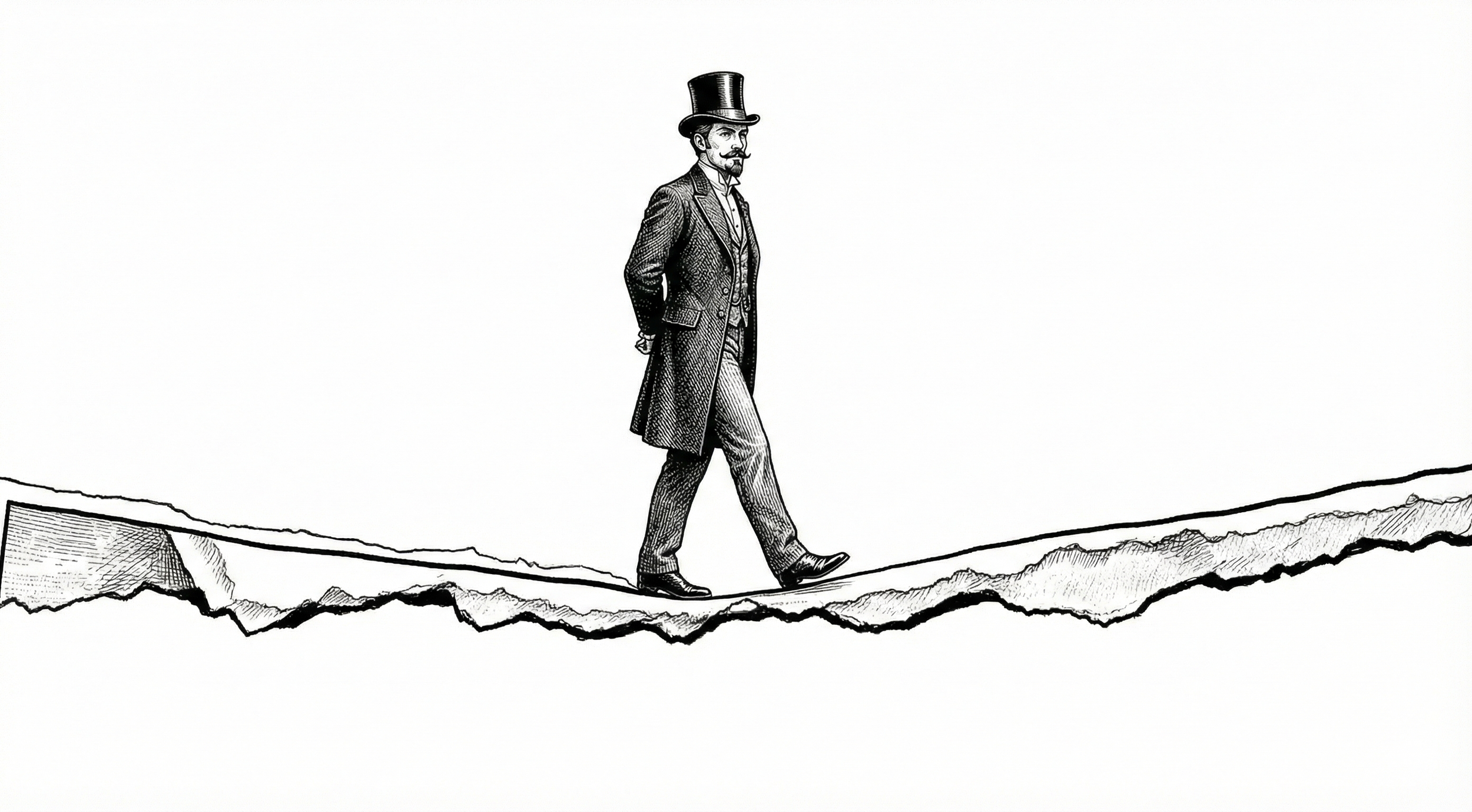 A black and white illustration of a man walking on a narrow, uneven path, dressed in vintage attire including a top hat, suit, and tie.