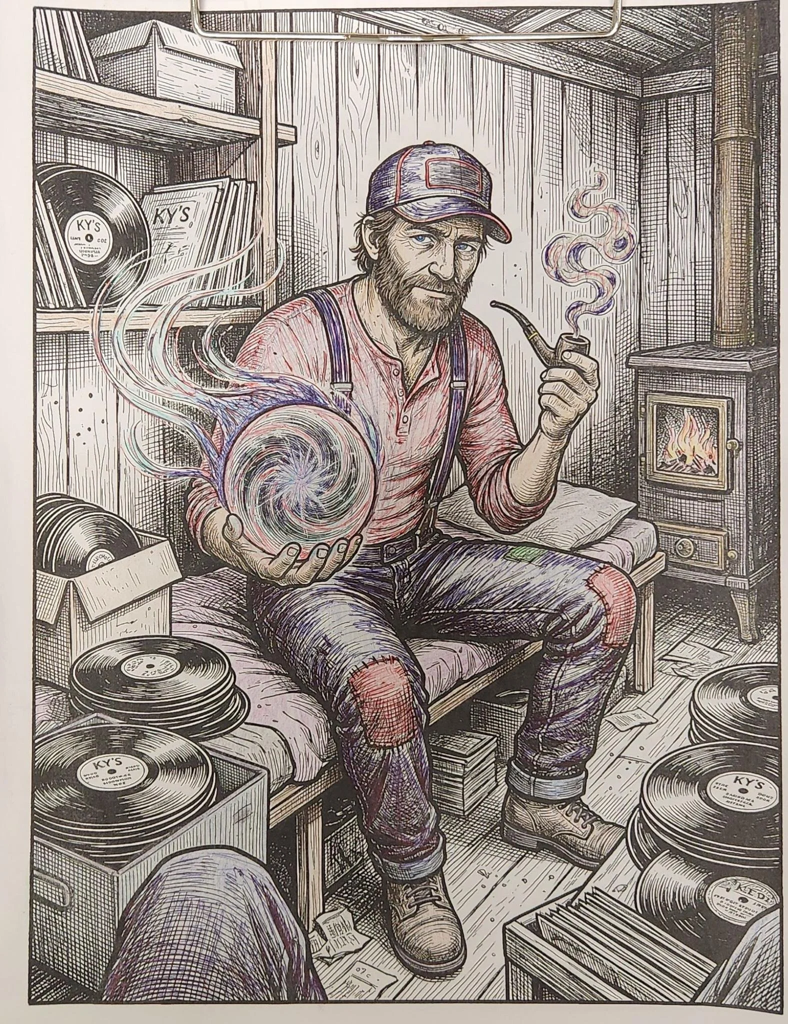 A detailed black-and-white illustration of a bearded man with light-colored eyes, sitting inside a room with wooden paneled walls and a pitched roof. He is wearing a baseball cap, a long-sleeved shirt, suspenders, and jeans with ripped knees. The man is holding a smoking pipe in his right hand and a glowing orb or swirling energy in his left hand. The room is cluttered with vinyl records, some of which are labeled 'KY'S' and others with various handwritten titles on the labels. There is a small stove with a fire burning inside and a stack of vinyl records on the floor. The illustrations include various musical equipment such as a turntable and a small stack of books or papers on the floor.