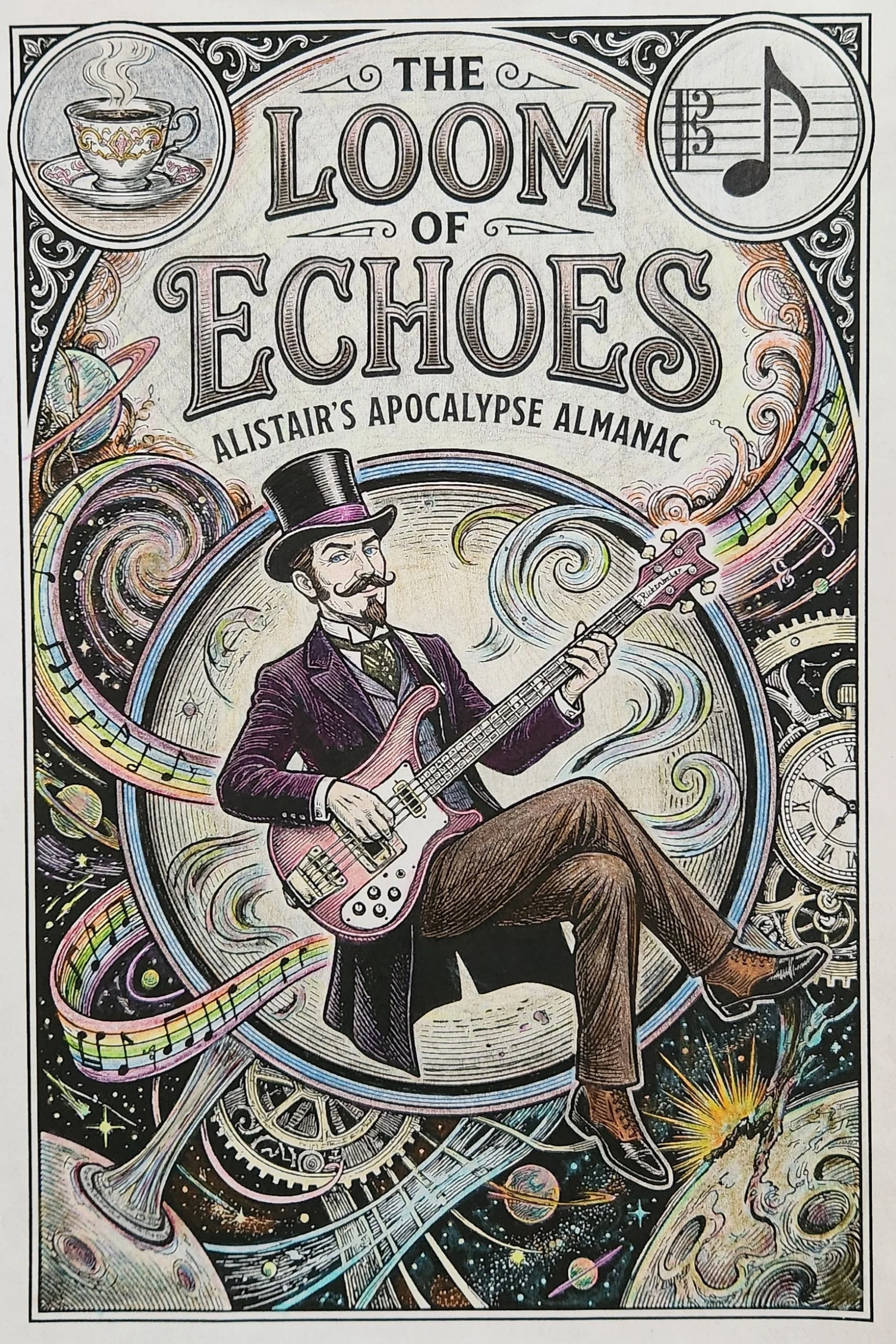 Colorful illustration of a man in vintage clothing playing an electric guitar, surrounded by cosmic and mechanical elements, with the title 'The Loom of Echoes' and subtitle 'Alistair's Apocalypse Almanac' at the top.