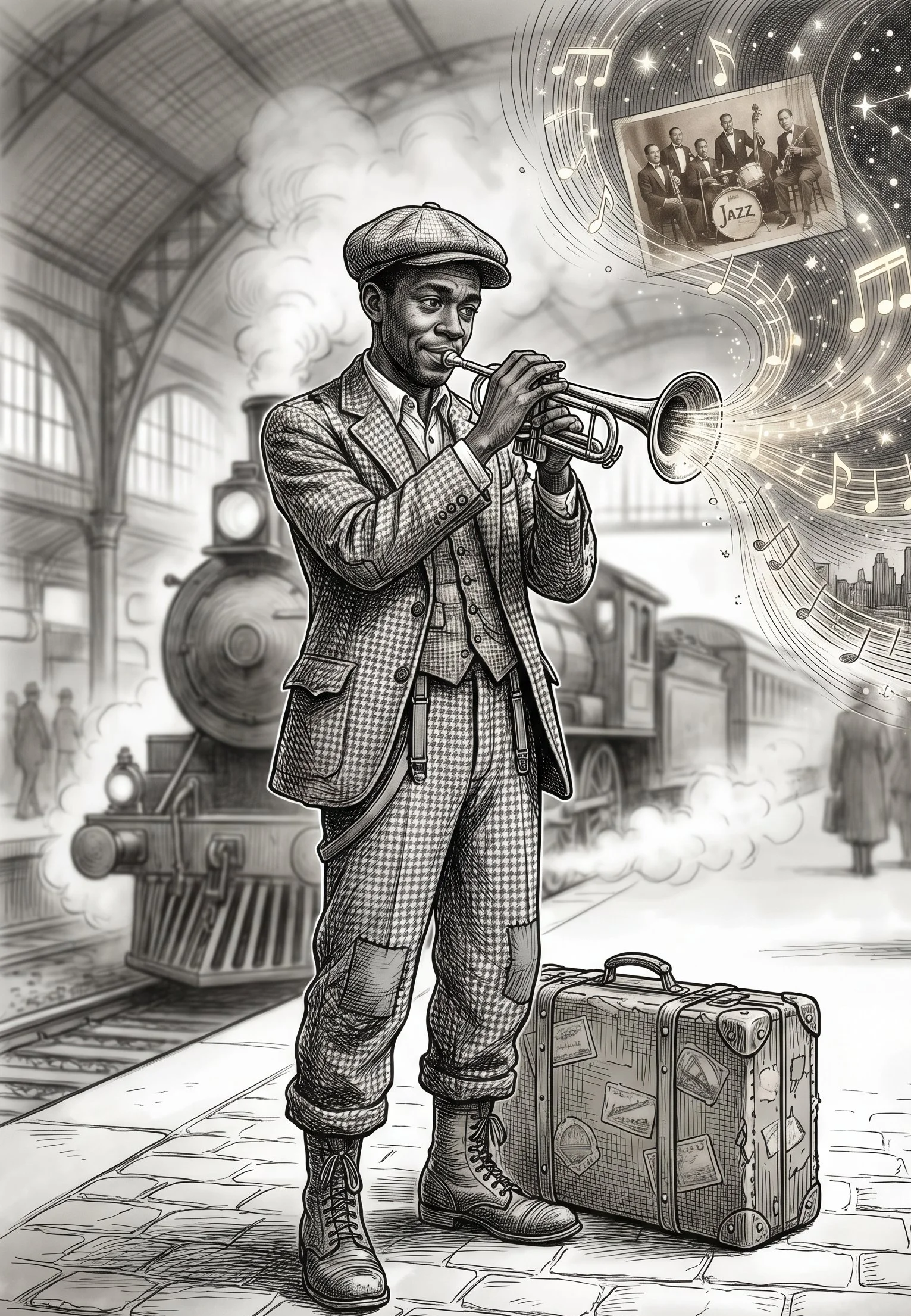 Black and white illustration of a man in vintage clothing playing a trumpet at a train station, with a luggage carrier nearby and a steam locomotive in the background. Musical notes and a photo of a jazz band are depicted in swirling lines above his head.