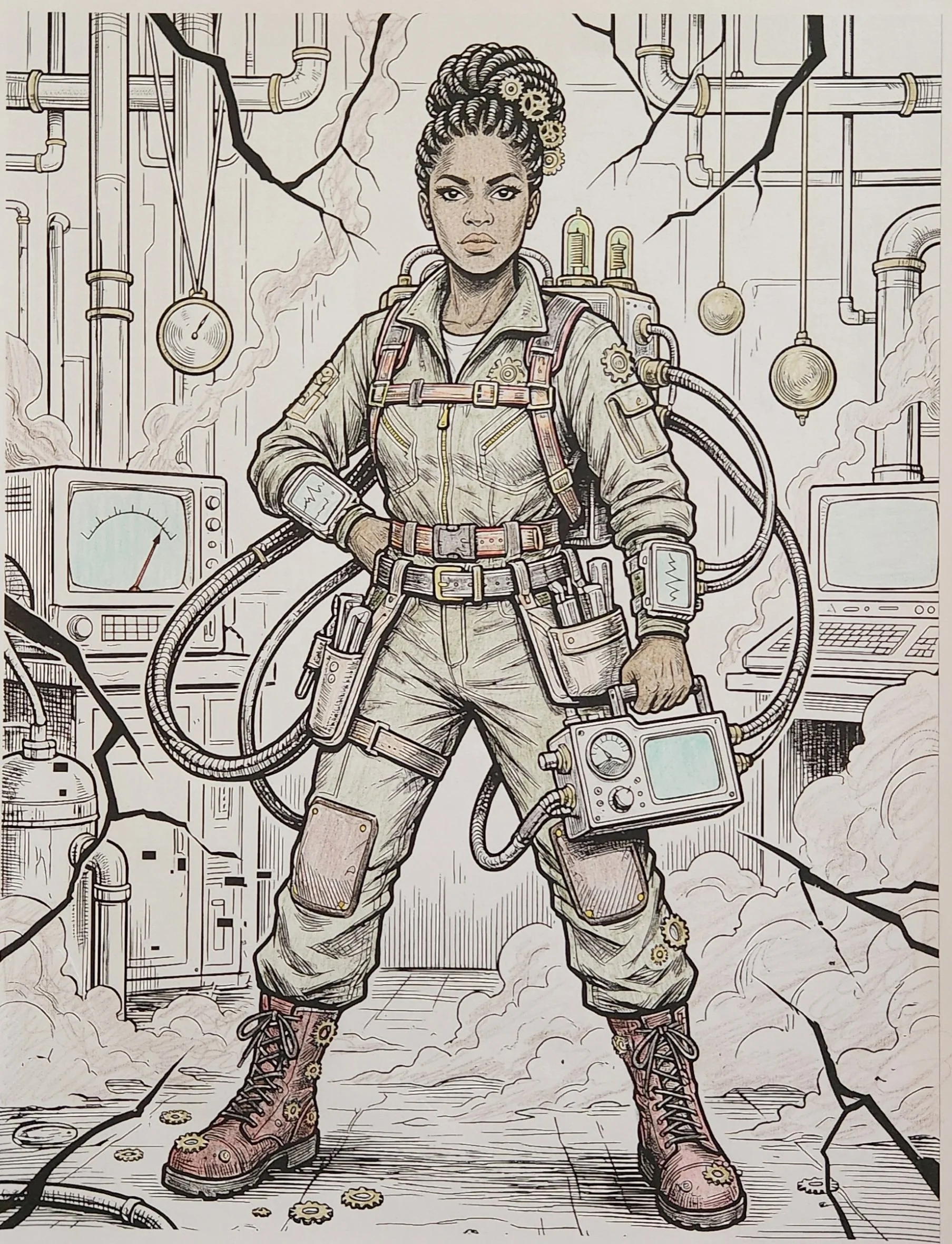 A woman in a work jumpsuit with gear and machinery attached, standing confidently with her hands on her hips, surrounded by industrial pipes, gauges, and equipment, in a steampunk style illustration.