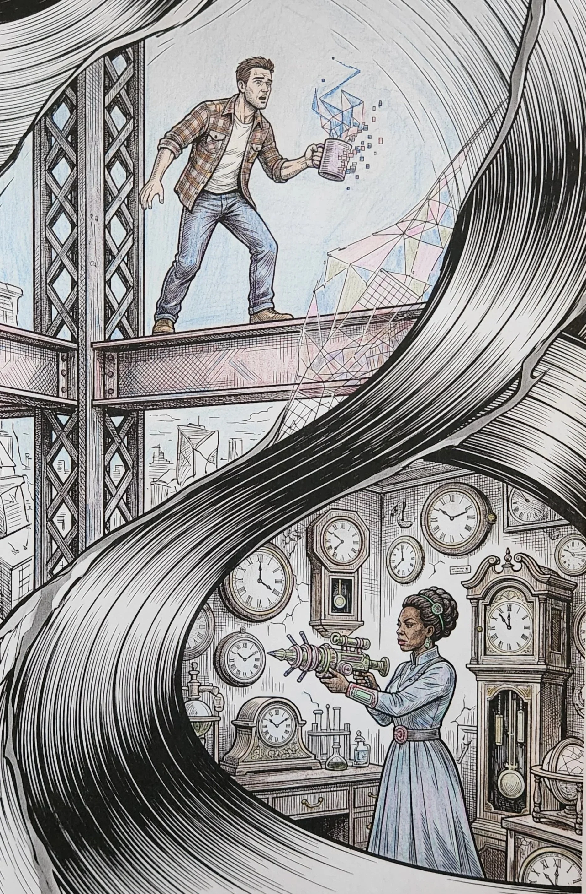 A comic-style illustration depicting a man in casual clothes holding a coffee mug with digital effects, standing on a bridge within a mechanical clock tower, while a woman in a vintage dress and headphones operates a sci-fi weapon in an inner room filled with clocks and scientific equipment.