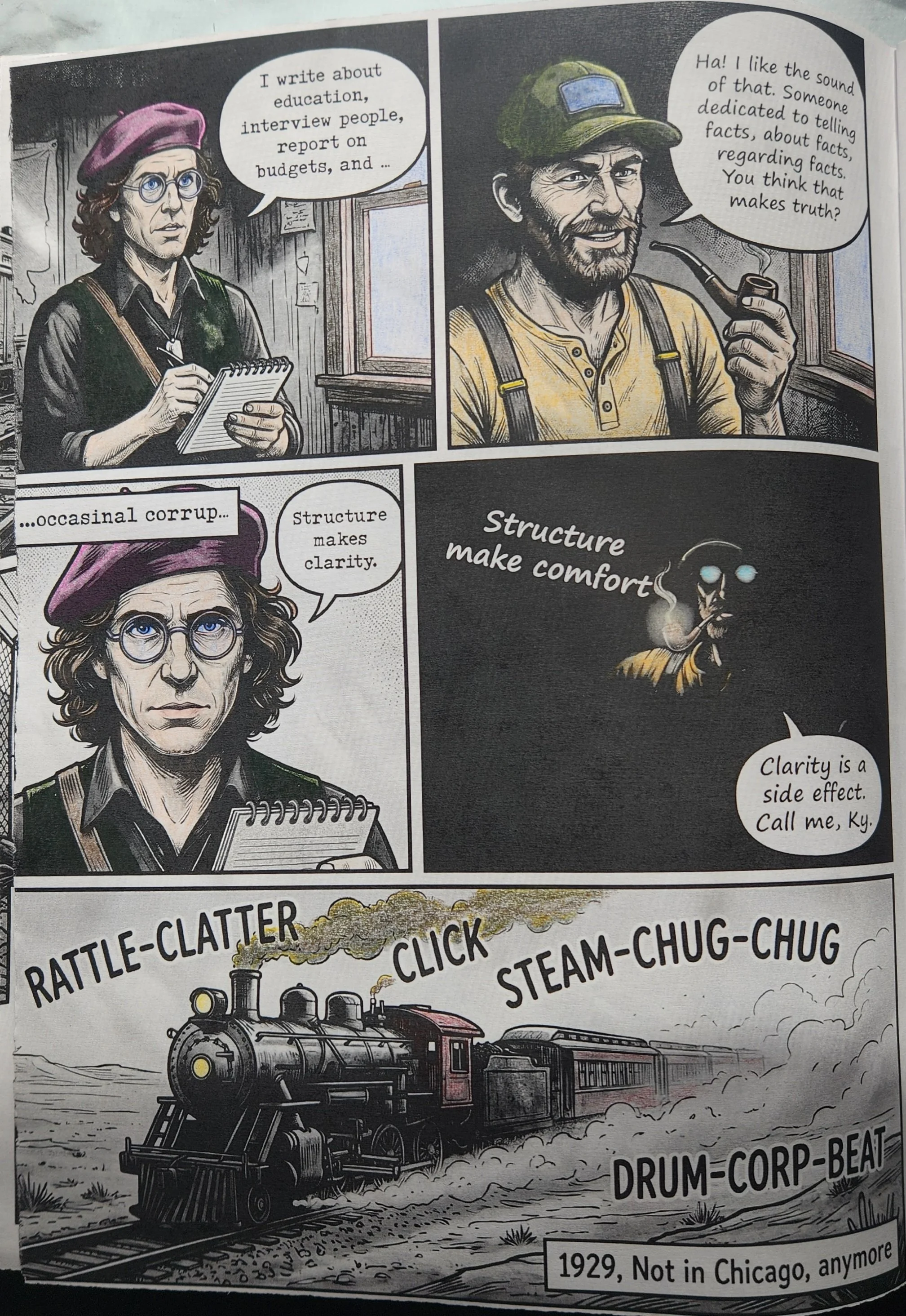 A black and white comic strip showing a woman with curly hair wearing glasses and a beret, taking notes about writing and interviews. A man with a beard, wearing a hat and suspenders, smoking a pipe, discusses the importance of structure in truth. The comic features a steam locomotive moving along train tracks with words like "Battle-clatter," "Click," and "Steam-chug-chug" representing sounds. A caption indicates the scene is set in 1929, outside of Chicago.