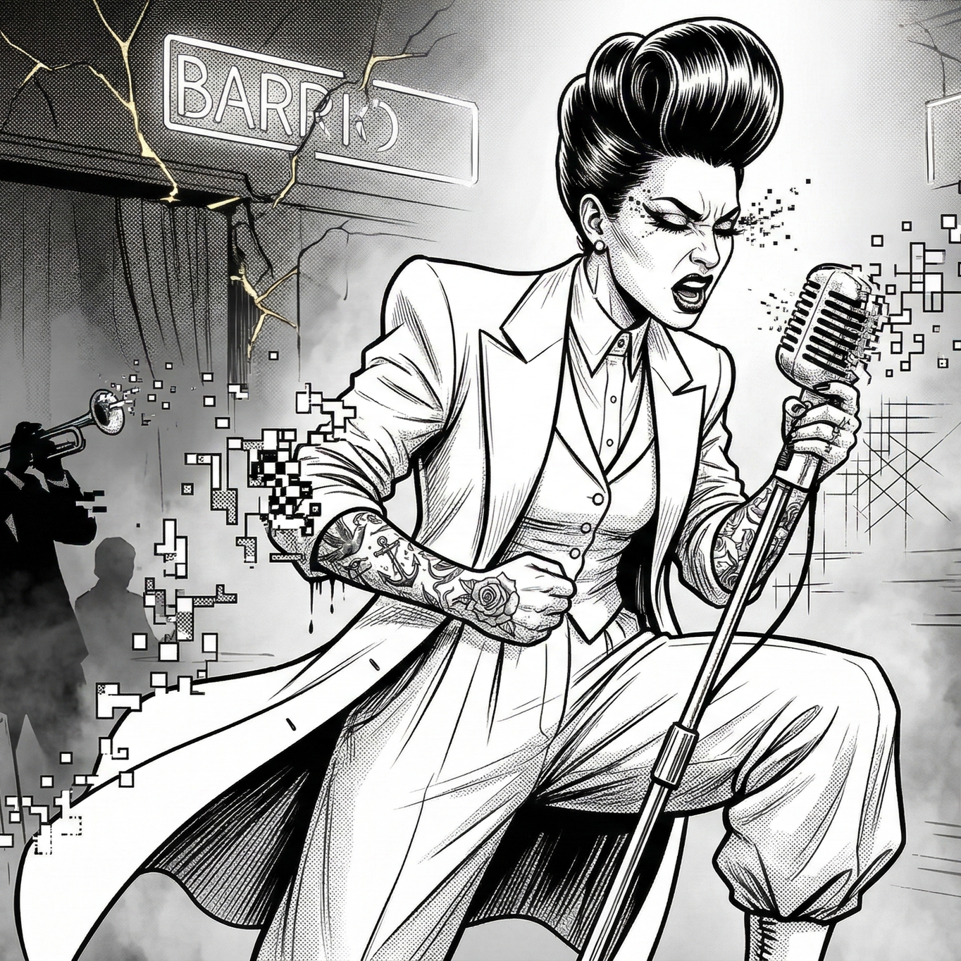 A black and white comic-style illustration of a woman singing into a vintage microphone. She has dark, styled hair, tattoos on her arm, and is wearing a suit with a shirt underneath. There is a cracked sign that says 'Barber' in the background, and t