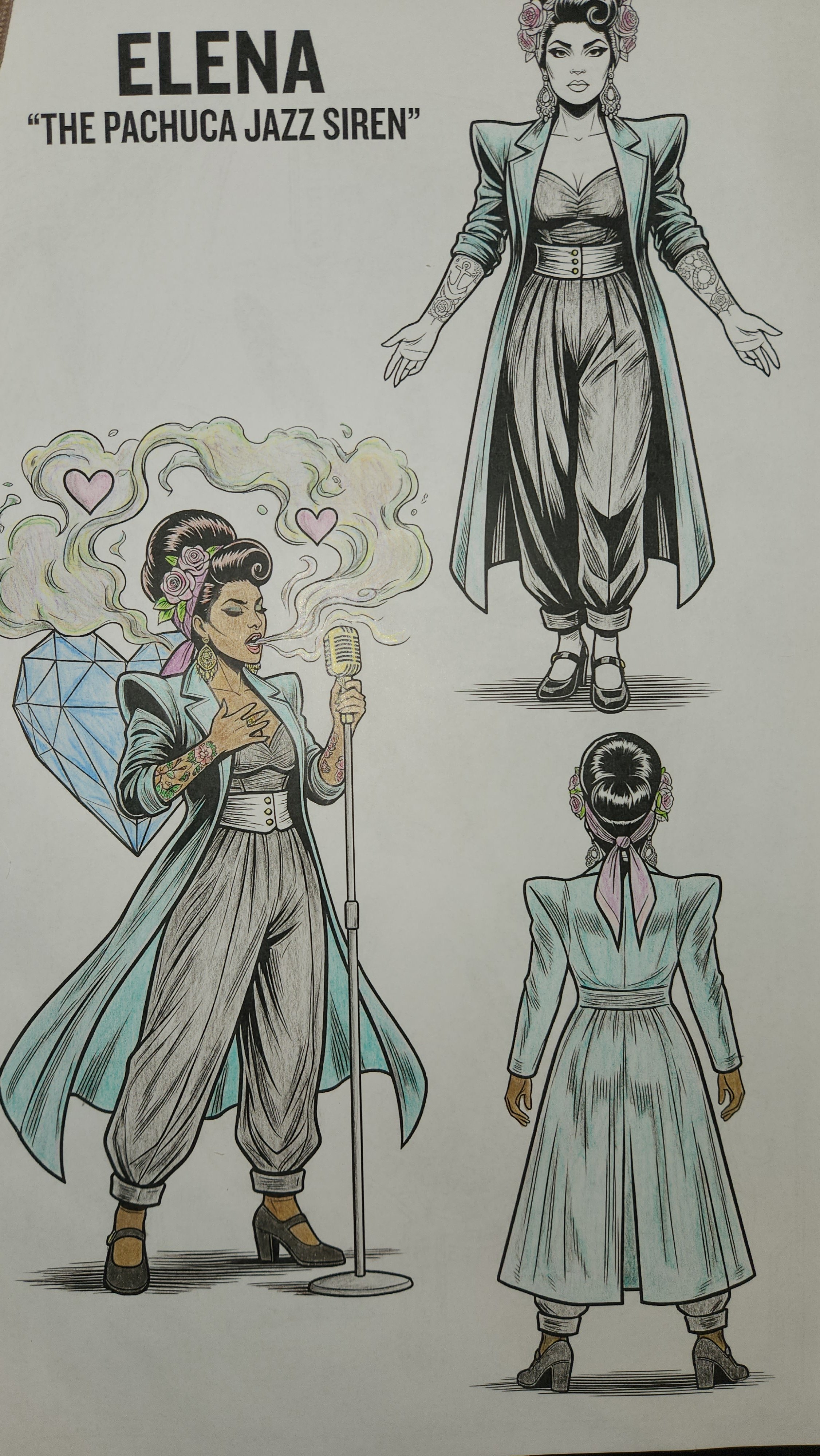 Illustration of a woman named Elena, the Pachuca Jazz Siren, depicted in three different poses with vintage style clothing and hairstyle, holding a microphone and surrounded by hearts and smoke.