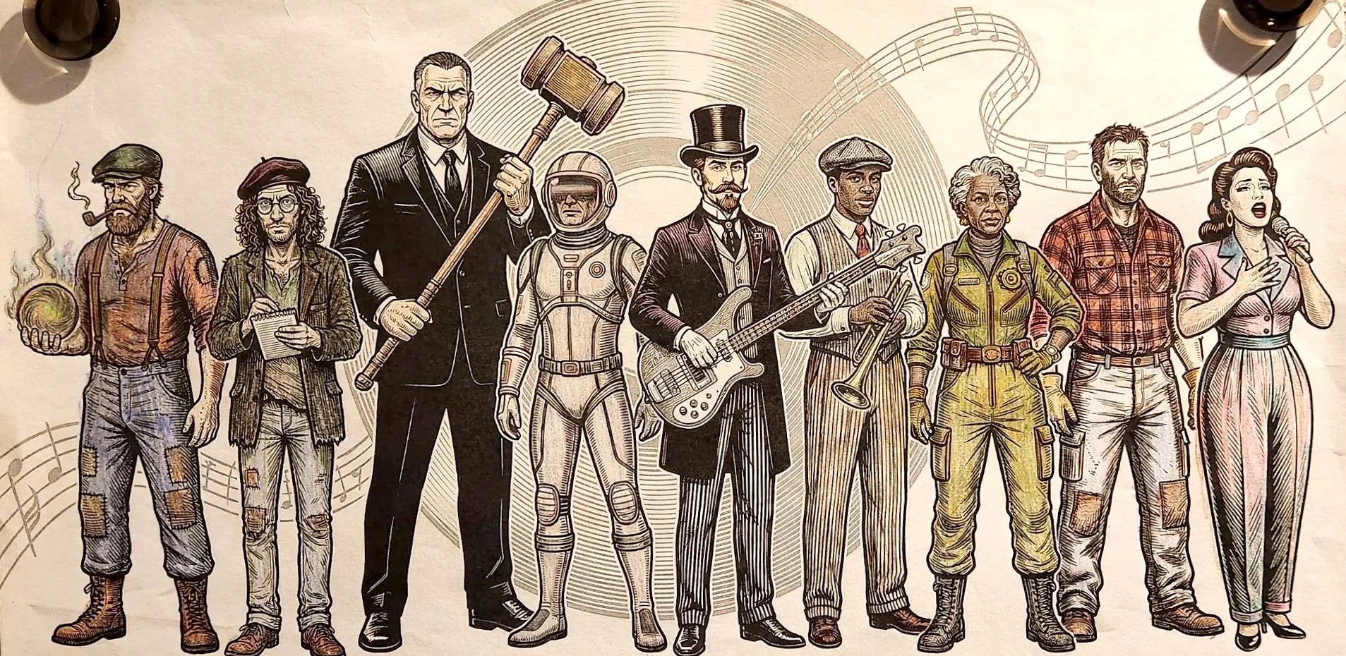 A detailed illustration depicts a diverse group of ten people representing different professions and eras, standing in a line with musical notes and swirls in the background.