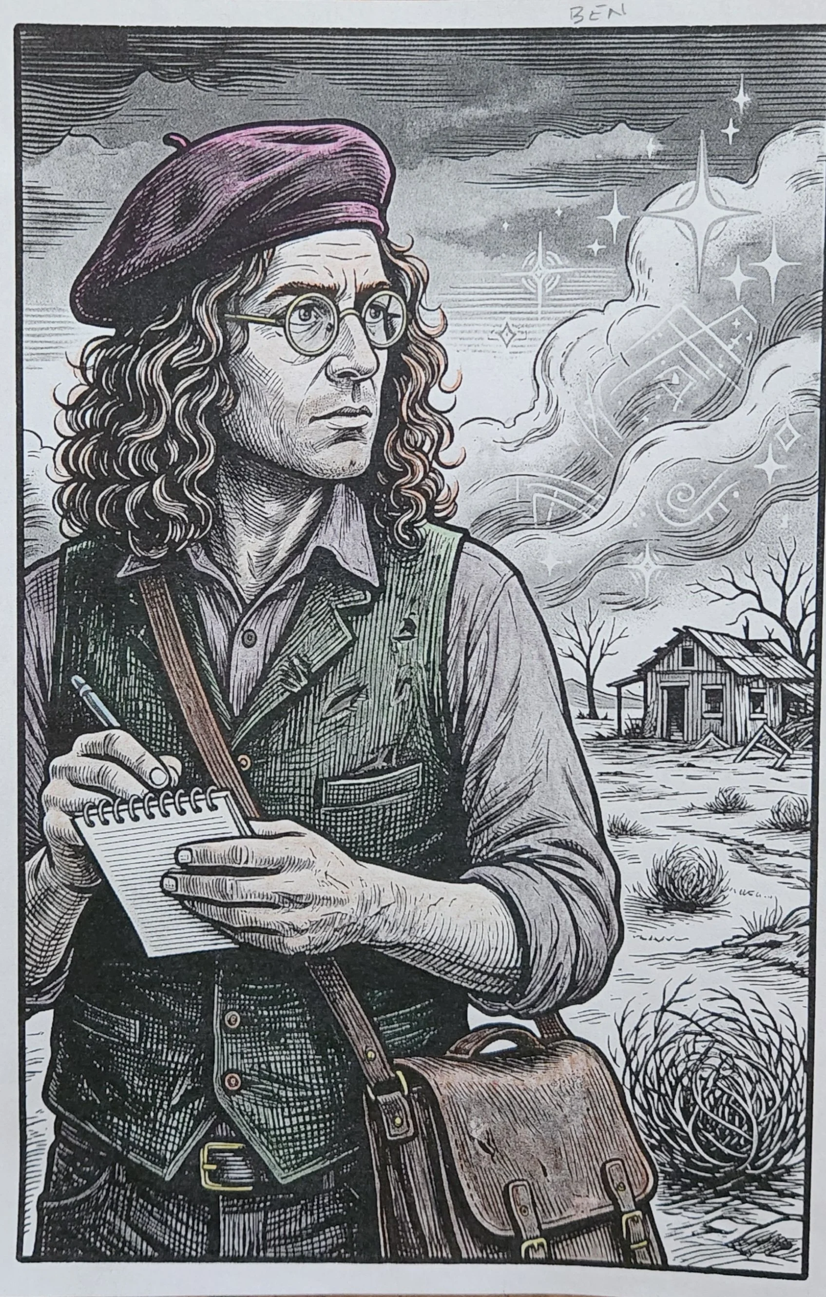 A black-and-white illustration of a man with long, curly hair wearing glasses, a beret, and a vest, holding a notepad and pen. In the background, a cloudy sky transitions to a starry night with swirling cosmic patterns and a small, rural house with trees.