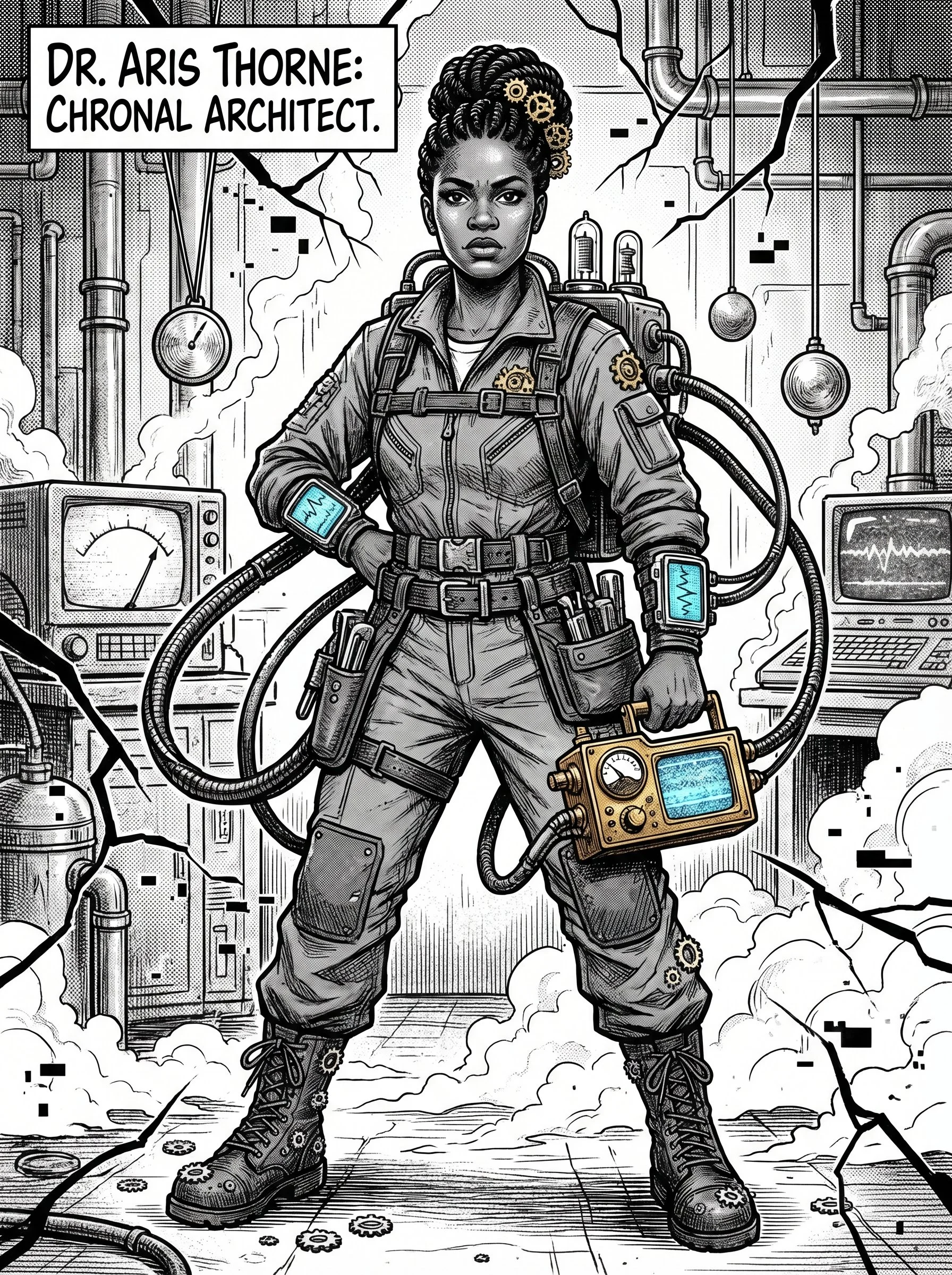 Black and white comic style illustration of a woman in a futuristic lab, dressed in a jumpsuit with tools, surrounded by pipes, monitors, smoke, and cracked walls. Text box labels her as Dr. Aris Thorne: Chronal Architect.