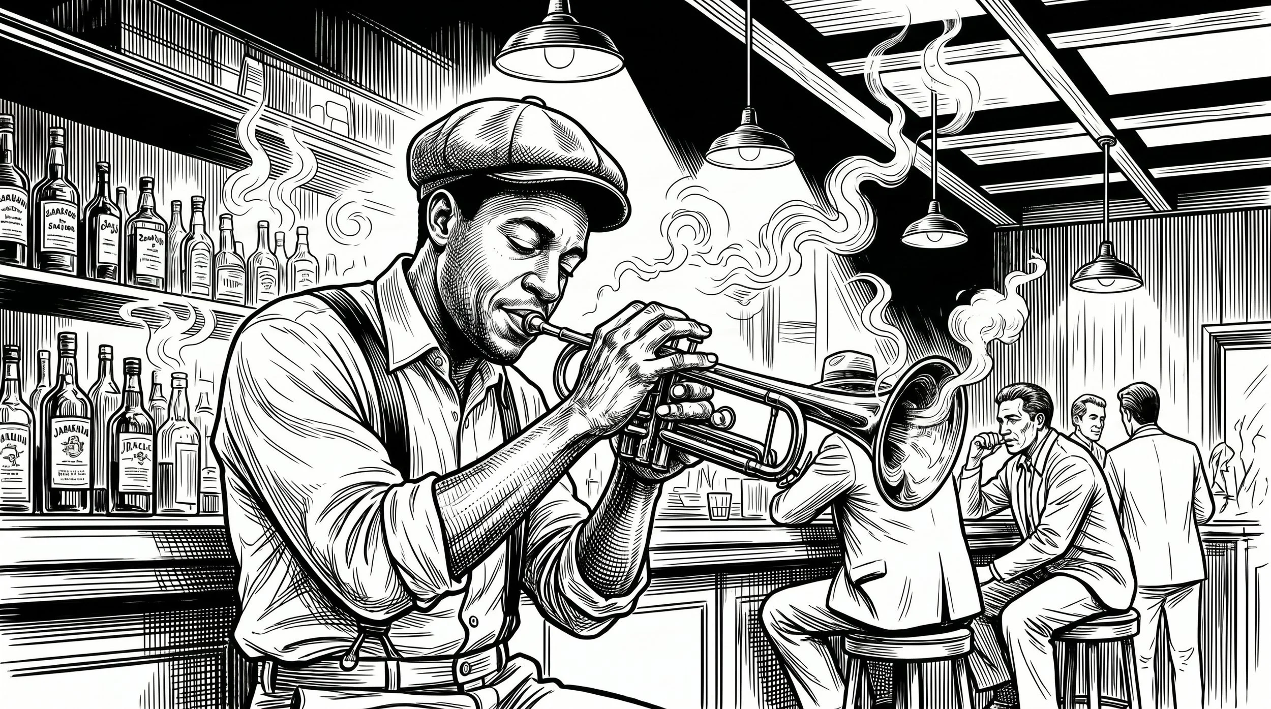 Black and white illustration of a man playing a trumpet in a bar, with bottles on shelves and patrons seated at tables.