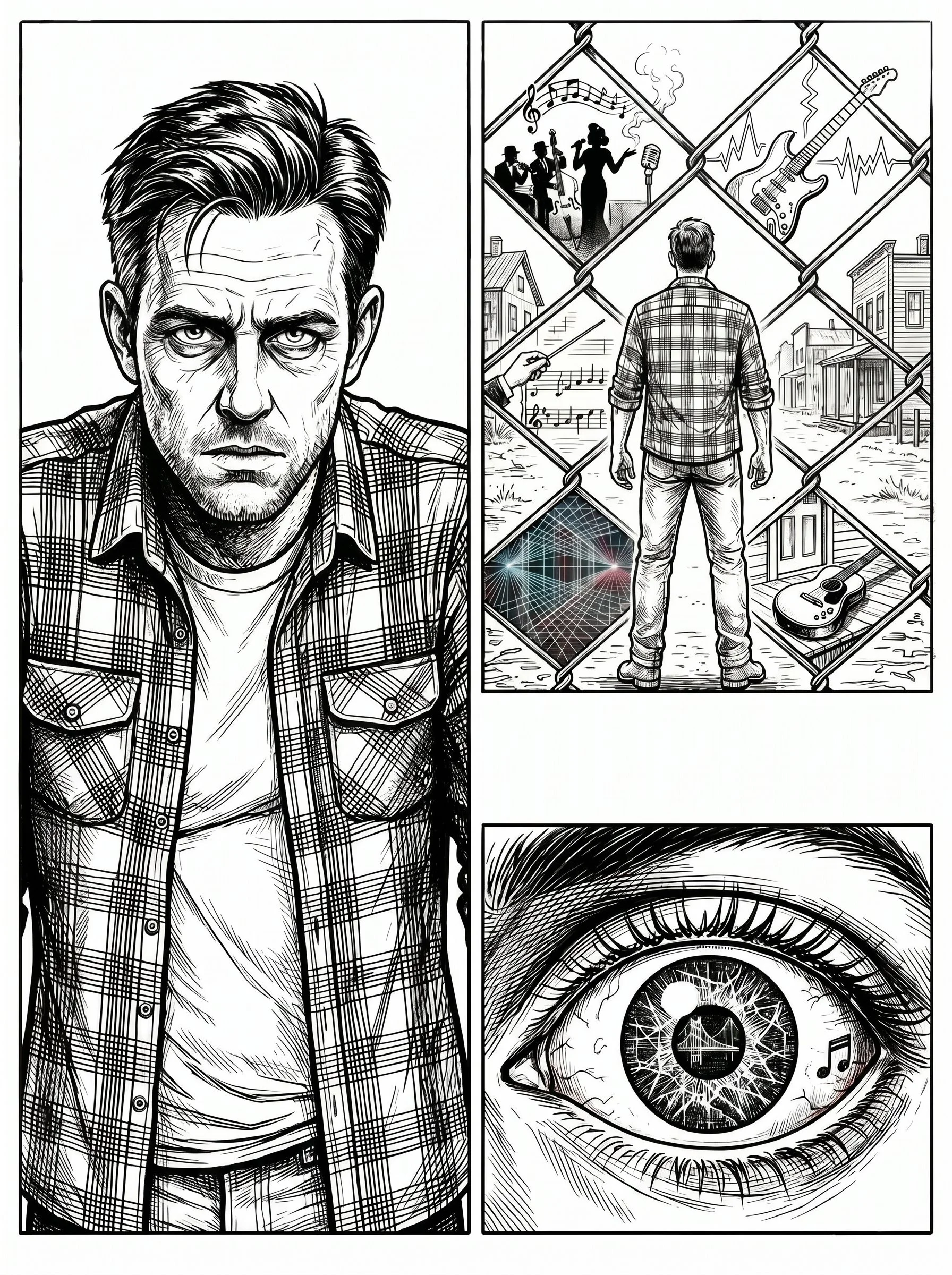 Black and white comic-style illustration of a man in a plaid shirt facing away, with various scenes behind a wire fence, including jazz musicians, a smoke cloud, an electric guitar with sound waves, a desert town, and a digital grid with a colorful n