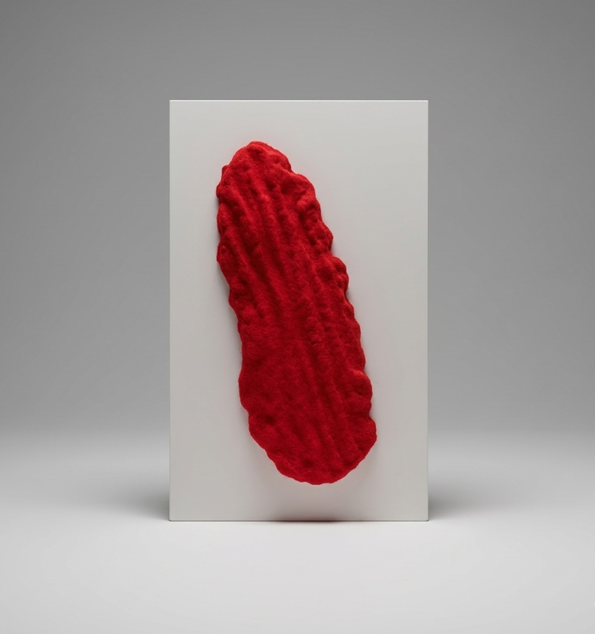 Textured red contemporary artwork on white canvas, modern sculptural art piece for luxury interior design and STUDIO21 high-end architectural projects.