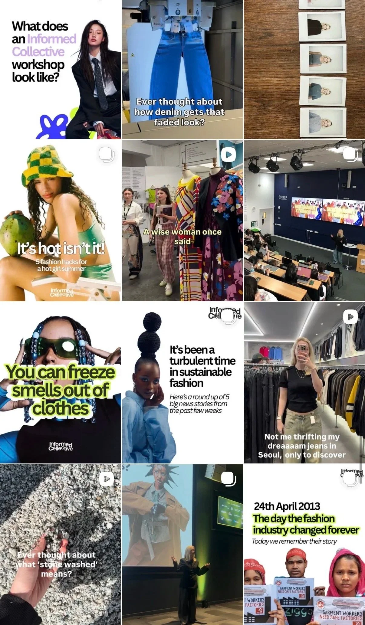 A collage of images related to fashion, including a flyer about an informed collective workshop, denim jeans, photographs of people, fashion displays, a classroom, a person with a reflective headgear, a girl with styled hair, a person giving a presentation, a group holding protest signs, and various fashion-related items.