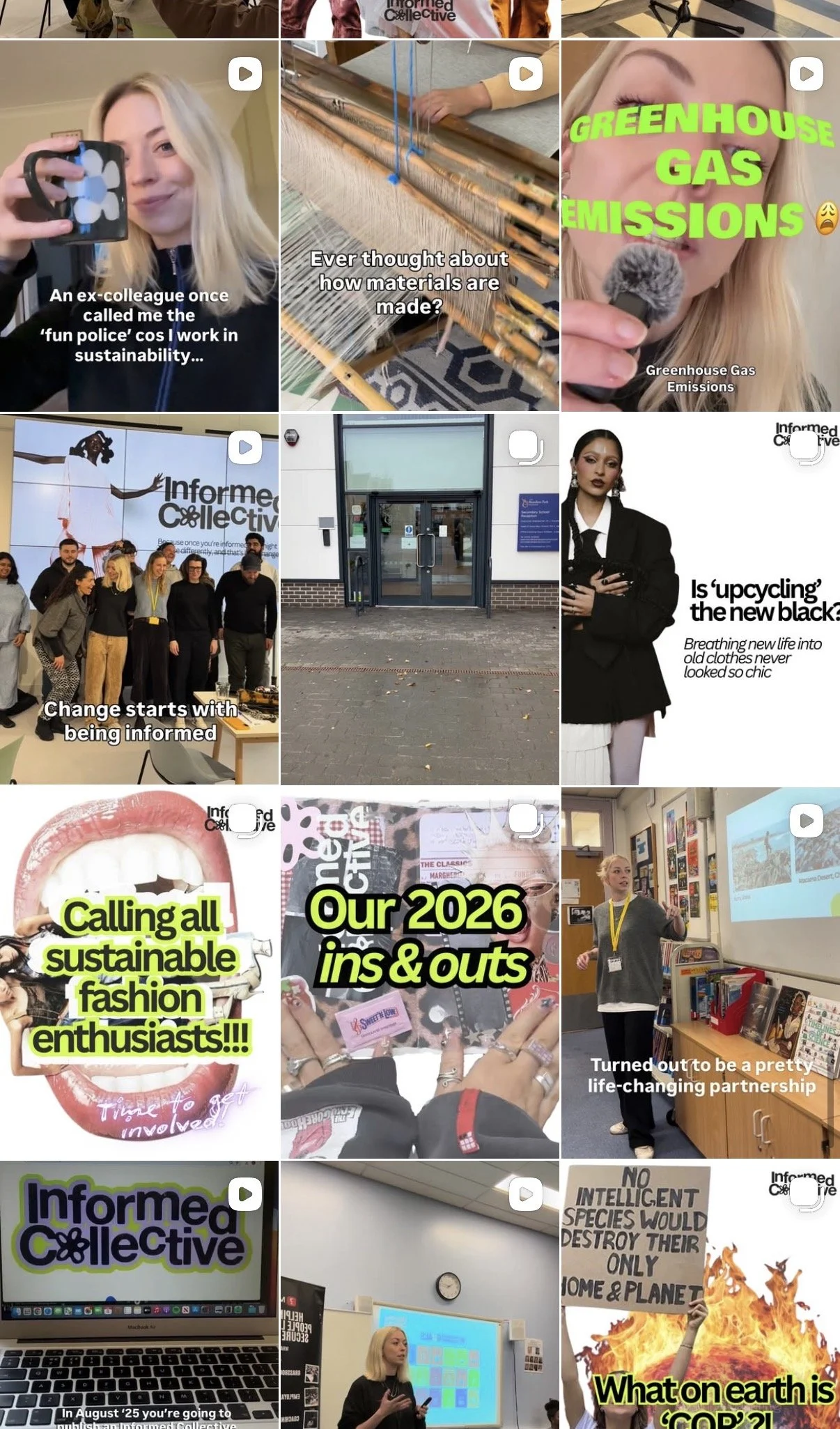 Collage of images from a presentation or event about sustainability, climate change, and activism. Includes people speaking, a weaving loom, posters about greenhouse gas emissions, a group photo, entrance to a building, a person giving a talk, a computer screen with 'Informed Collective' logo, a person standing in a classroom, a protest sign about destroying Earth, and a flaming globe.