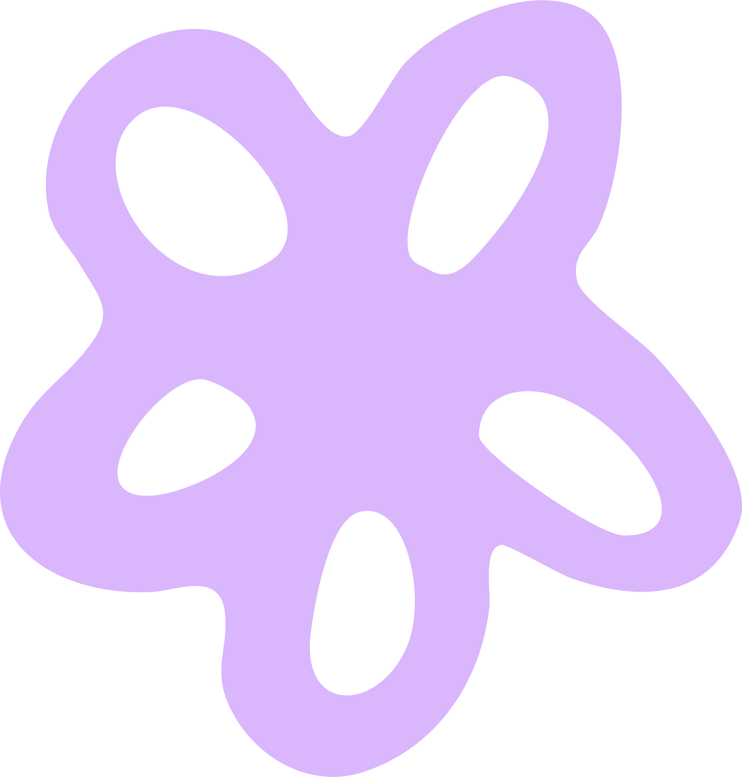 A large, abstract purple shape with black oval holes and cutouts resembling a stylized alien or creature design.
