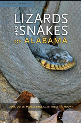 Book cover titled 'Lizards and Snakes of Alabama' with a close-up of a snake and a lizard, featuring a rocky background.