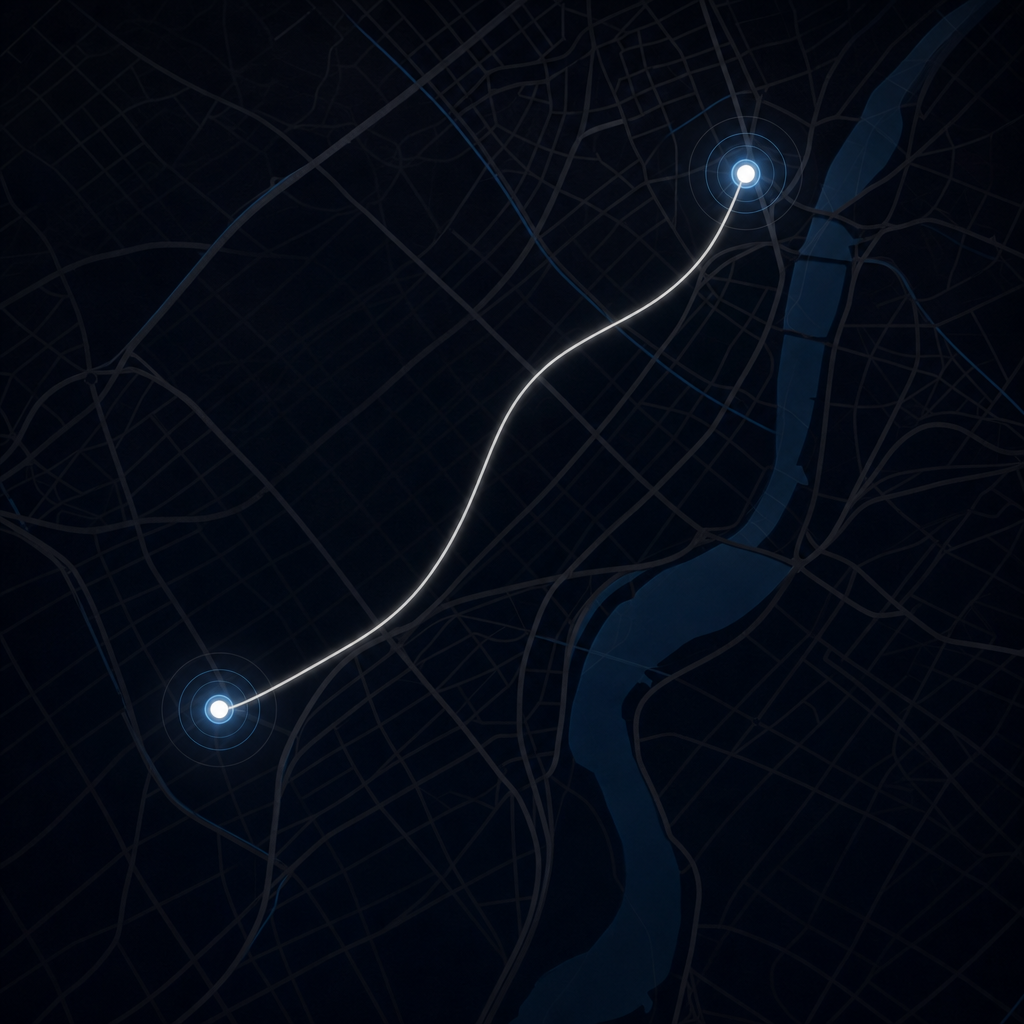 Map with a highlighted route between two points marked by glowing circles, set against a dark background with faint city street lines and a river.