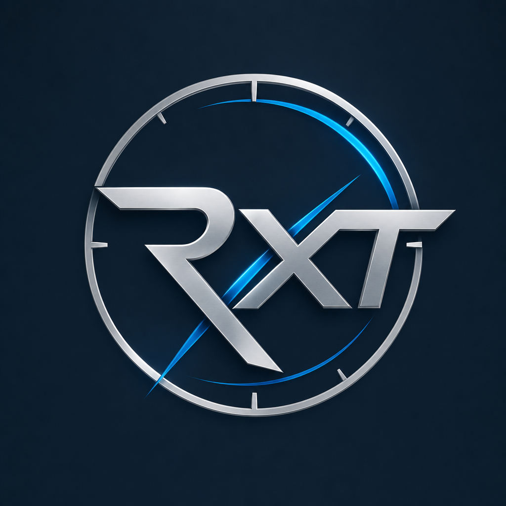 A logo with the letters RXT in metallic silver inside a circular gauge with a blue needle pointing to the right, set against a dark background.