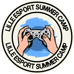 Logo du camp d'été d'e-sport avec des mains tenant une manette.