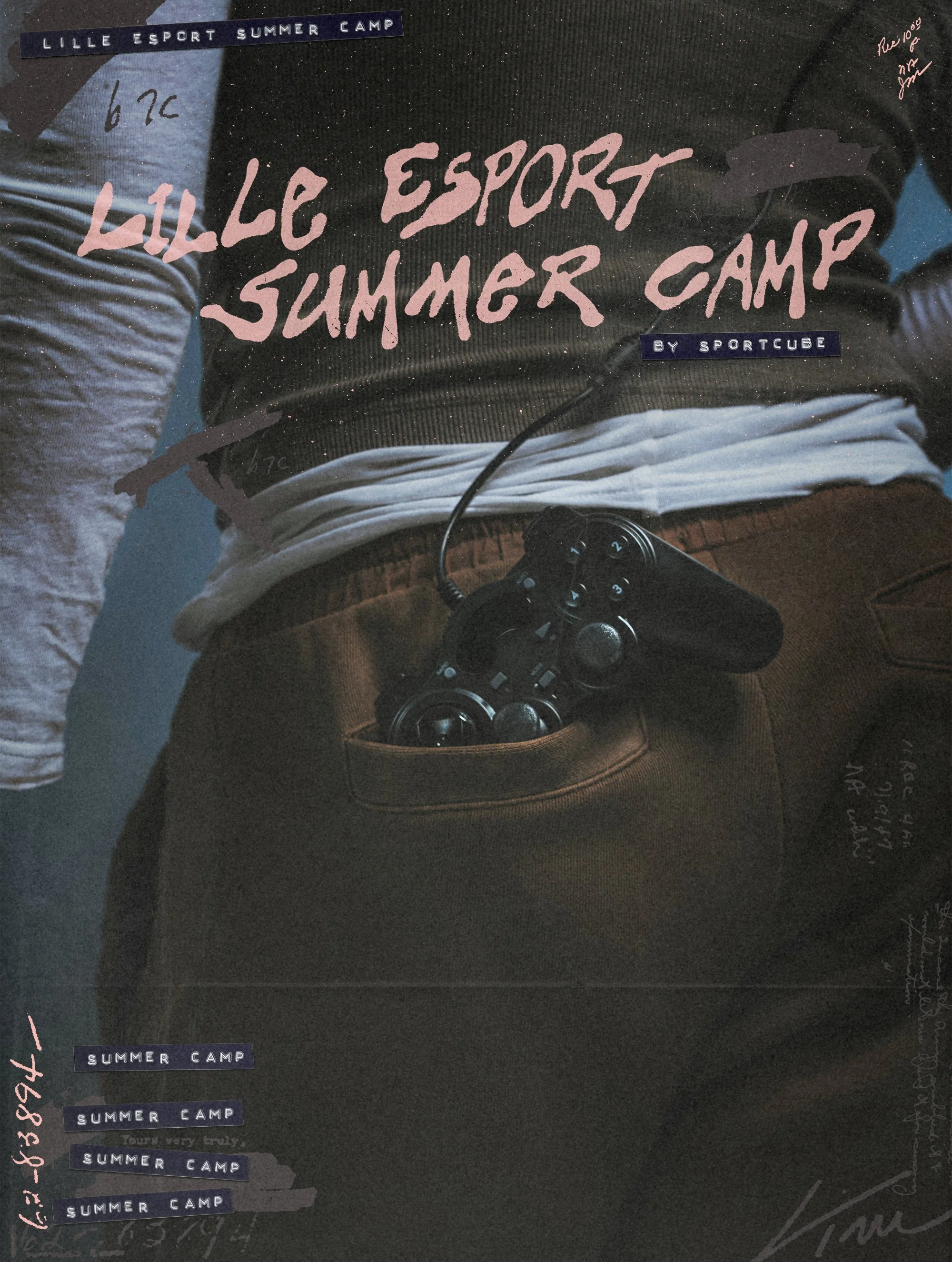 Affiche promotionnelle pour un camp d'été d'esport à Lille, avec texte en français et en anglais, incluant des éléments graphiques et un casque de gaming visible dans la poche.
