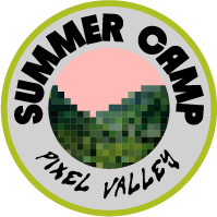 Logo circulaire avec texte 'SUMMER CAMP' en haut, 'PIXEL VALLEY' en bas, contenant une image pixelisée de montagnes et un coucher de soleil.