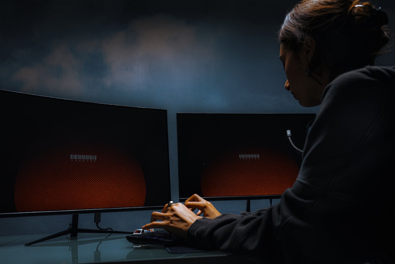 Une personne assise à un bureau devant deux écrans d'ordinateur, travaillant dans un environnement sombre.