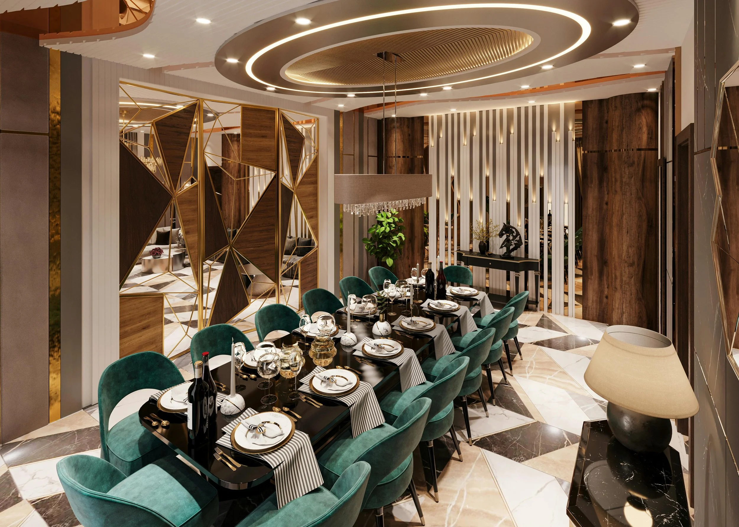 Elegant restaurant interior with round dining table set with wine bottles, glasses, and plates, surrounded by teal velvet chairs. The ceiling features circular lighting fixtures, and the decor includes wooden and geometric metal accents with warm lighting.