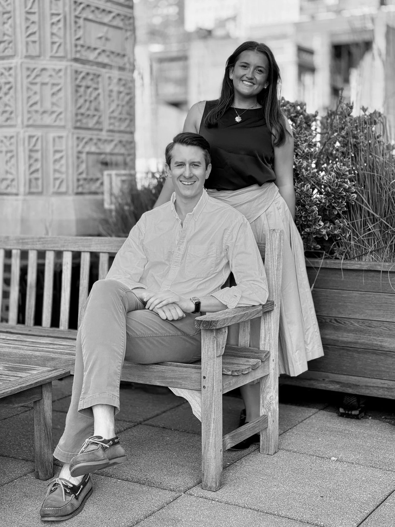 A black and white photo of Christopher Sale and Caroline Watkins, the co-founders of Christopher Sale Design.