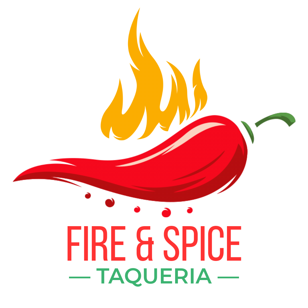A red chili pepper with yellow flames above it, and red and green text reading 'Fire & Spice Taqueria'.