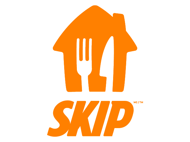 A black background with an orange house shape containing a fork and knife inside, and the word 'SKIP' written below in bold orange letters.