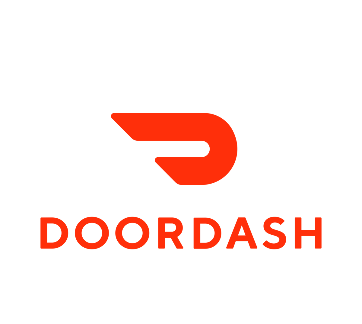 Black background with a red and black DoorDash logo, consisting of a stylized 'D' with a flying speed line, and the word 'DOORDASH' in red capital letters.