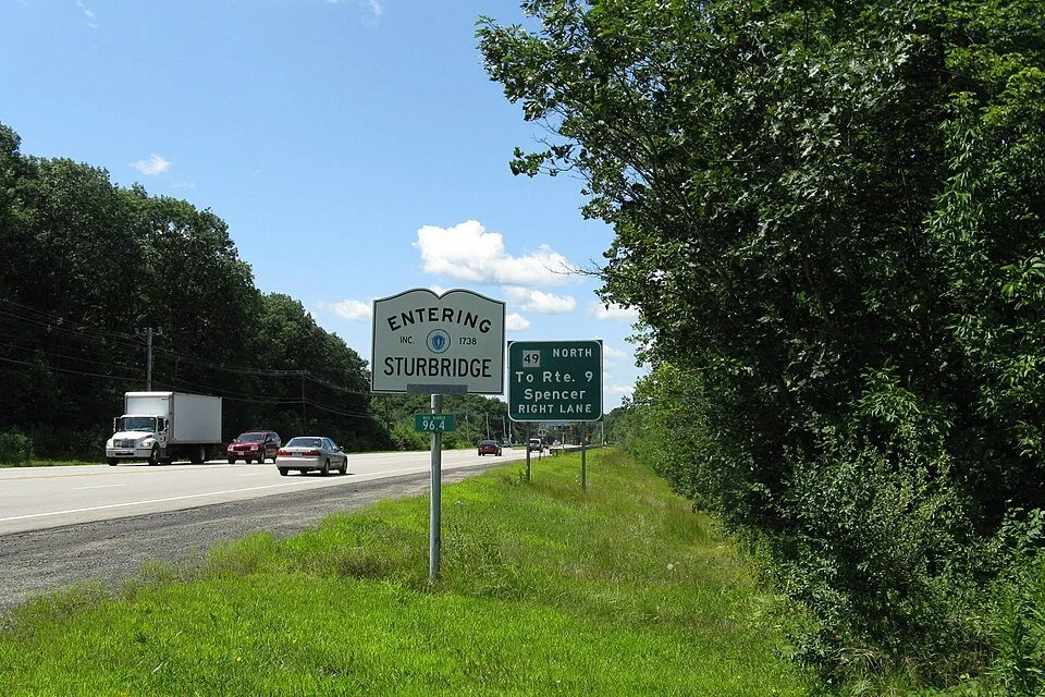 Shot down route 49 from Spencer entering into Sturbridge with the Entering Sturbridge sign in the frame