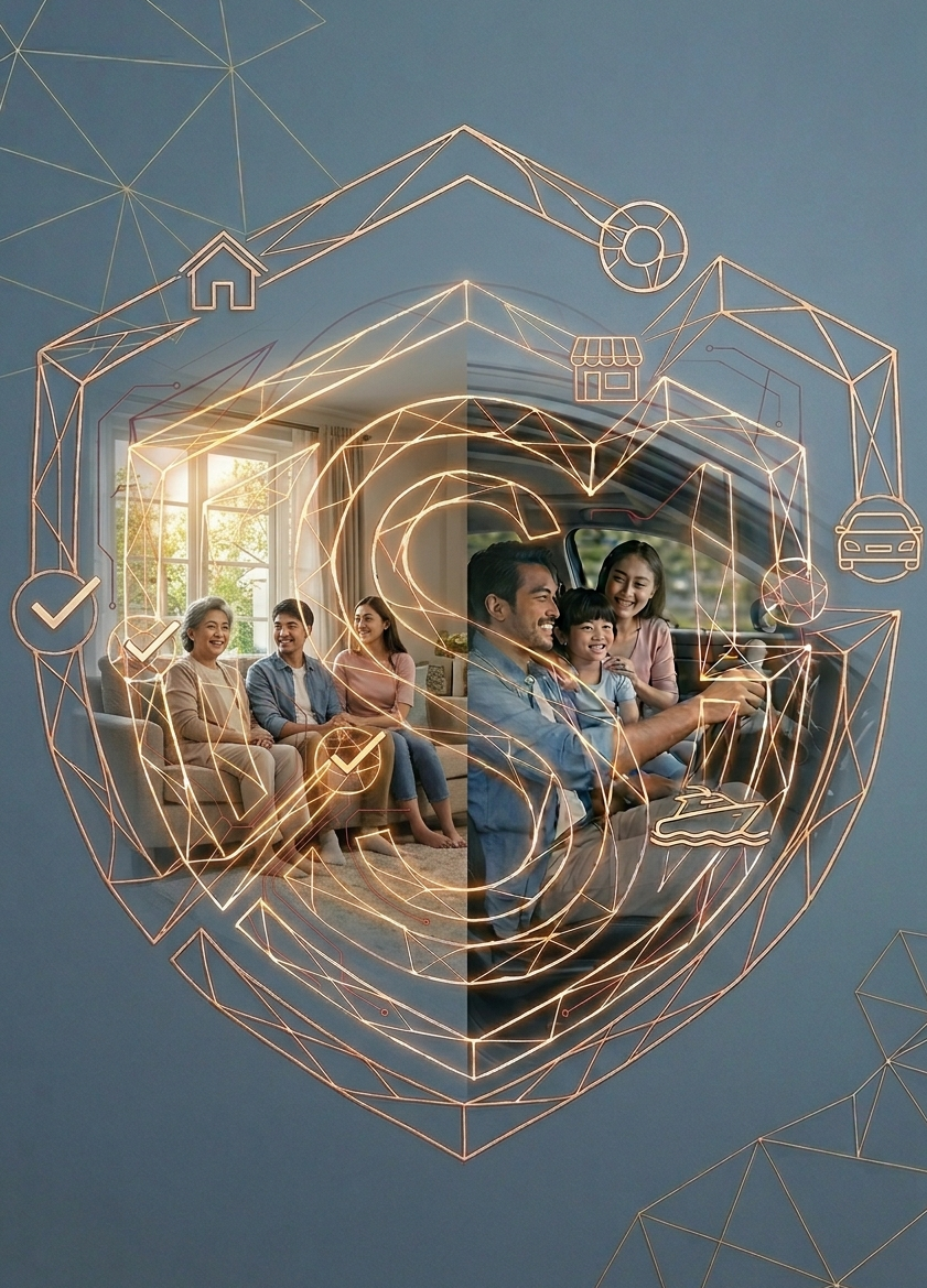 A group of people sitting on a couch and inside a car, smiling and enjoying, with digital icons of home, store, car, checkmarks, and a boot overlayed on the image.