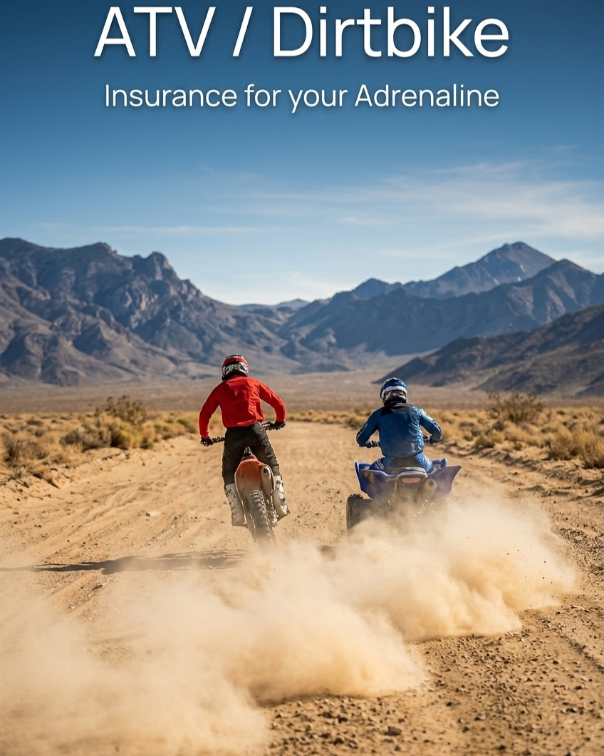 Two people riding ATVs or dirt bikes across a desert landscape with mountain ranges in the background under a blue sky.