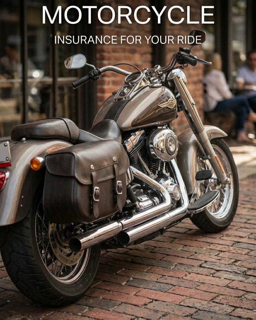 A motorcycle parked on a brick sidewalk in front of a brick building, with people sitting at outdoor tables in the background, and text overlay that reads 'Motorcycle Insurance for Your Ride'.