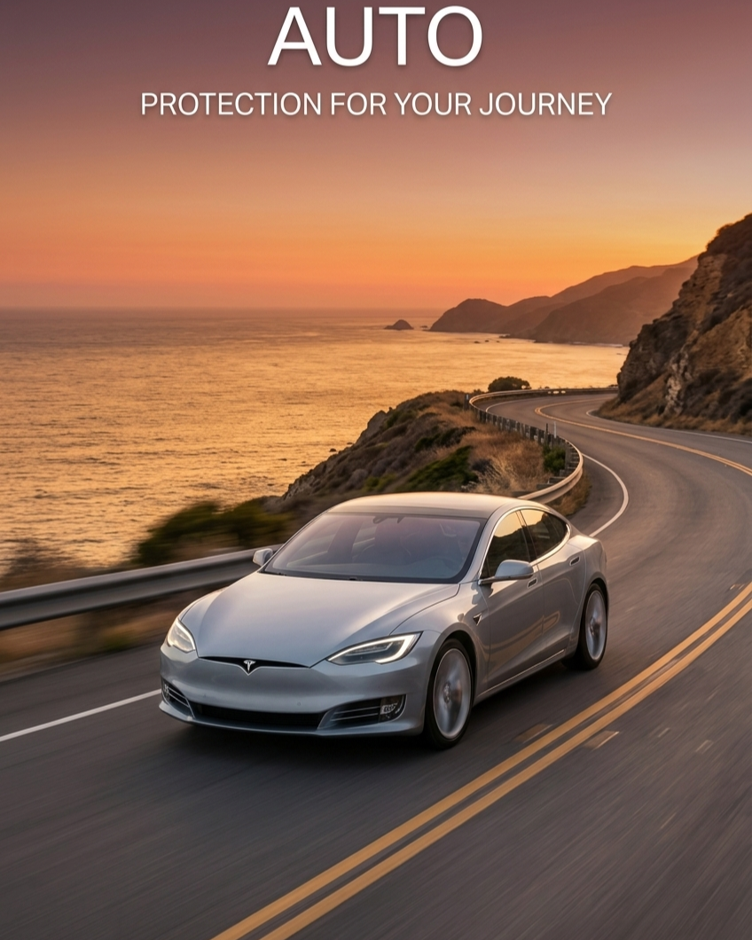 A silver Tesla Model S driving on a winding coastal road at sunset with the ocean and mountains in the background, and the text 'AUTO PROTECTION FOR YOUR JOURNEY' at the top.